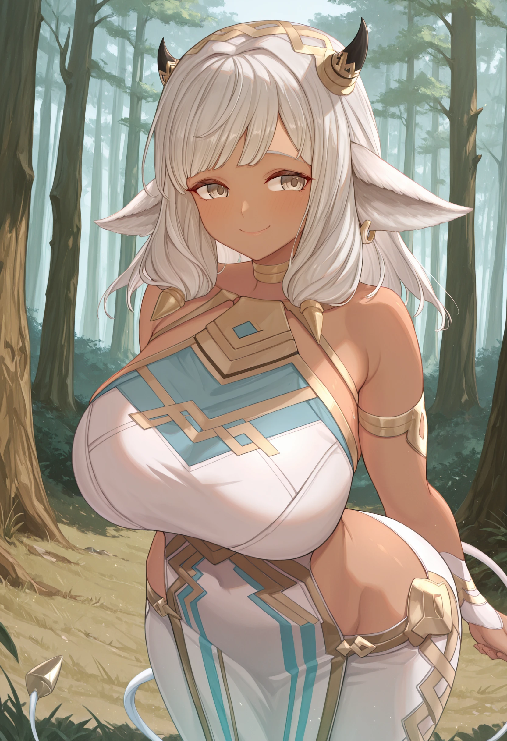 masterpiece, best quality, absurdres, highres, newest, 1girl, solo, <lora:creamcod-artist-richy-v1_ixl:1> <lora:Ash_fire_emblem_illustrations:1> ash_fe, dark skinned female, black horns, cow ears, cow tail, medium hair, standing, outdoors,forest, smile, closed mouth,