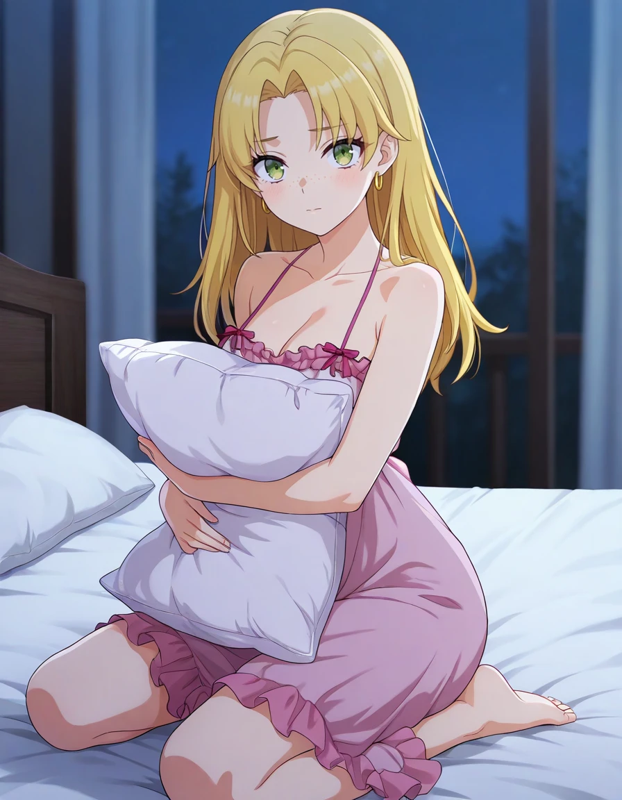 1girl, alone,minami_fuyuki, breasts, on stomach, cleavage, the pose, barefoot, lying, sweater, large breasts, looking at viewer, smile, off-shoulder sweater, off shoulder, collarbone, on bed, bare shoulders, feet, bed, indoors, blurry, grin , excellent hands, excellent anatomy,big breasts, medium waist, wide hips, wide thighs