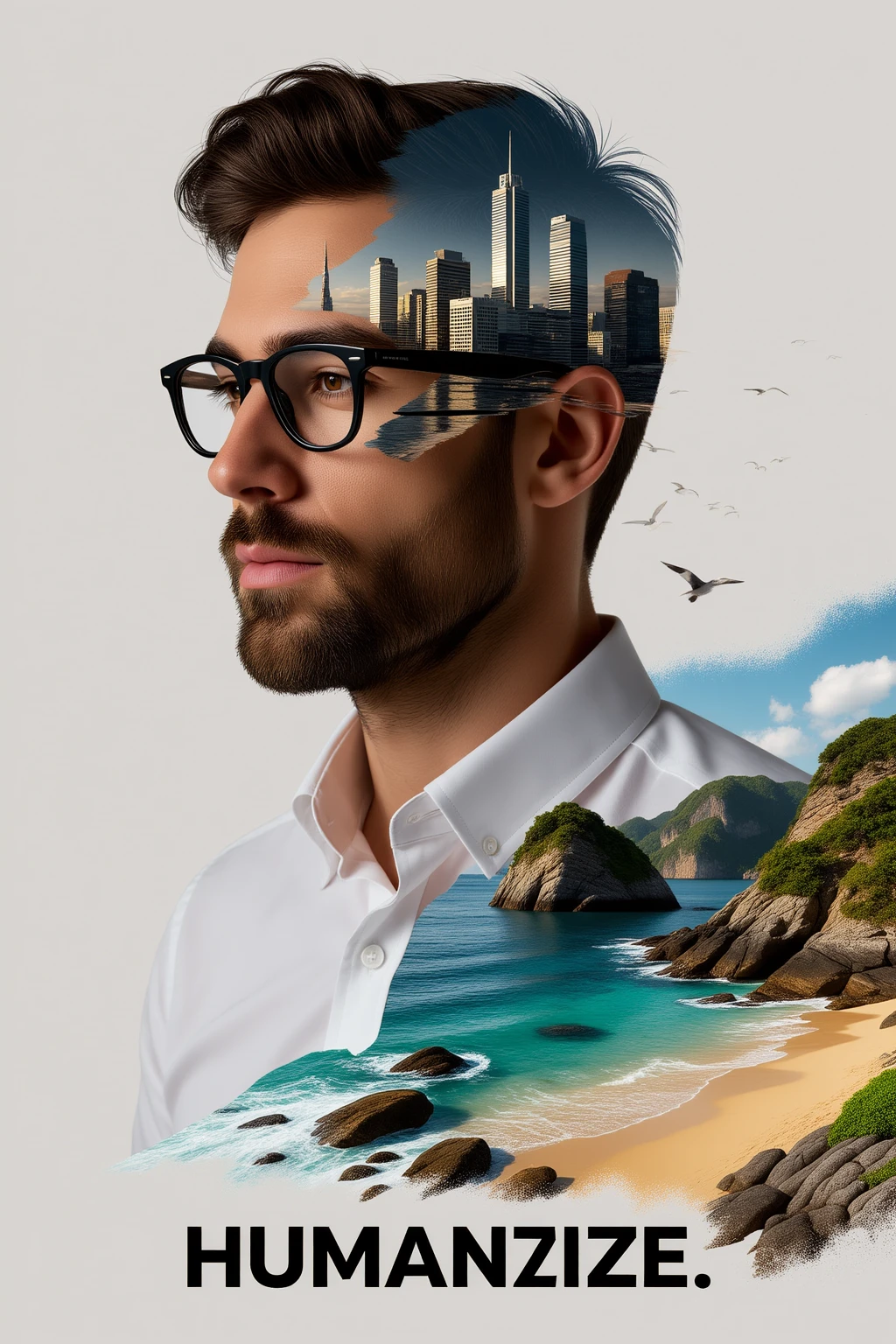 This image is a digitally created composite artwork featuring a man's profile, seamlessly merged with various urban and natural elements. The man, positioned in the center of the image, has a fair complexion, short brown hair, and wears black-framed glasses. He is dressed in a white shirt with the collar turned up, and his expression is contemplative.
The background of the image is a gradient from light to dark, giving a sense of depth and focus on the man's face. The man's face is overlaid with a collage of urban and natural scenes, creating a surreal and intriguing effect. The left side of his face is composed of a dense cityscape with skyscrapers and streetlights, while the right side shows a serene coastal landscape with rocky cliffs, turquoise waters, and rugged islands. The transition between the urban and natural scenes is smooth, blending seamlessly to create a cohesive whole.
The text "HUMANIZE" is prominently displayed at the bottom of the image in bold, black letters, emphasizing the theme of human connection and empathy. The overall style of the artwork is contemporary and visually striking, combining elements of surrealism and digital collage.