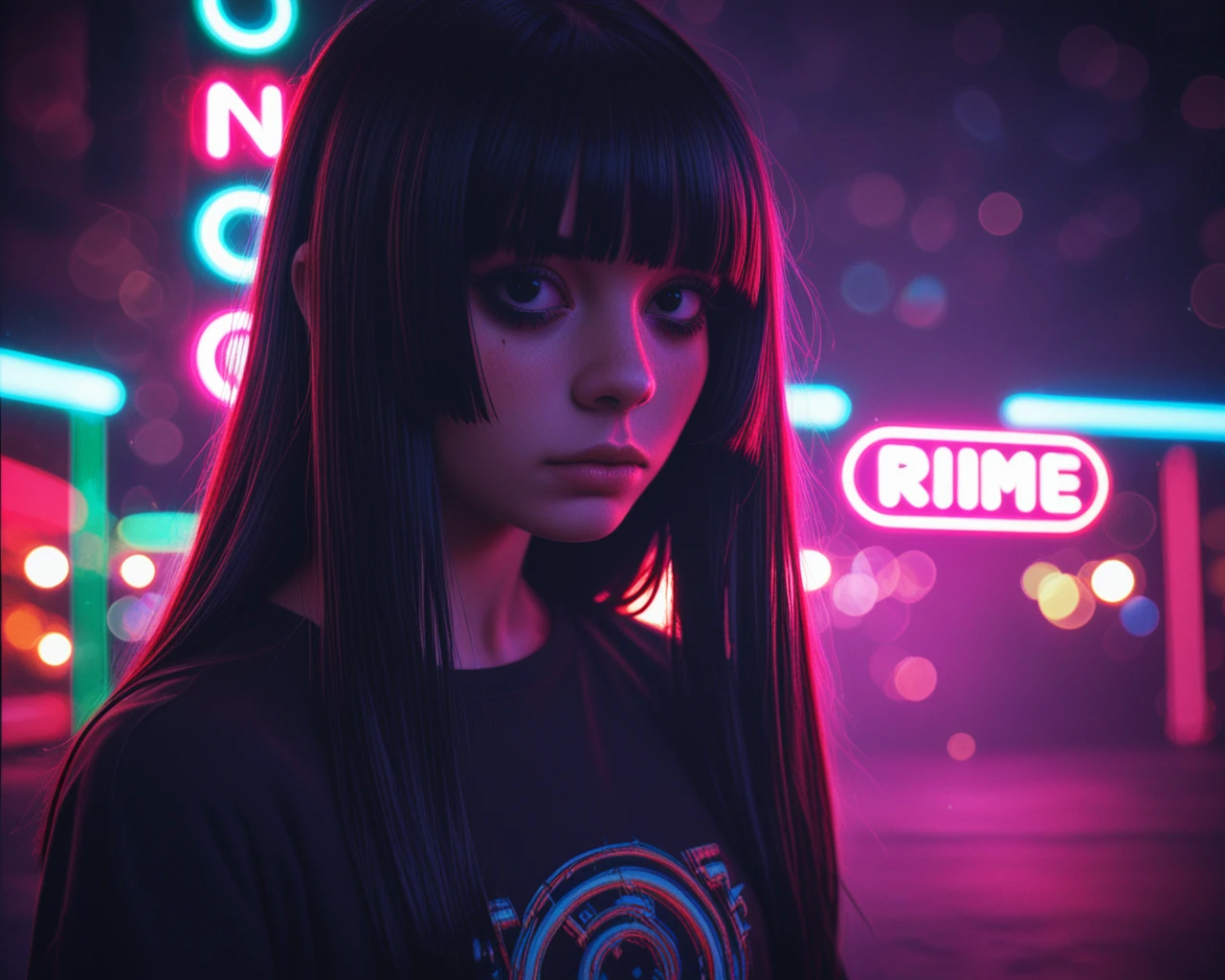 emo female, (chromatic aberration)1.7, fine details, creative art, neon lighting, bokeh, detailed background, illuminated, hime cut, 