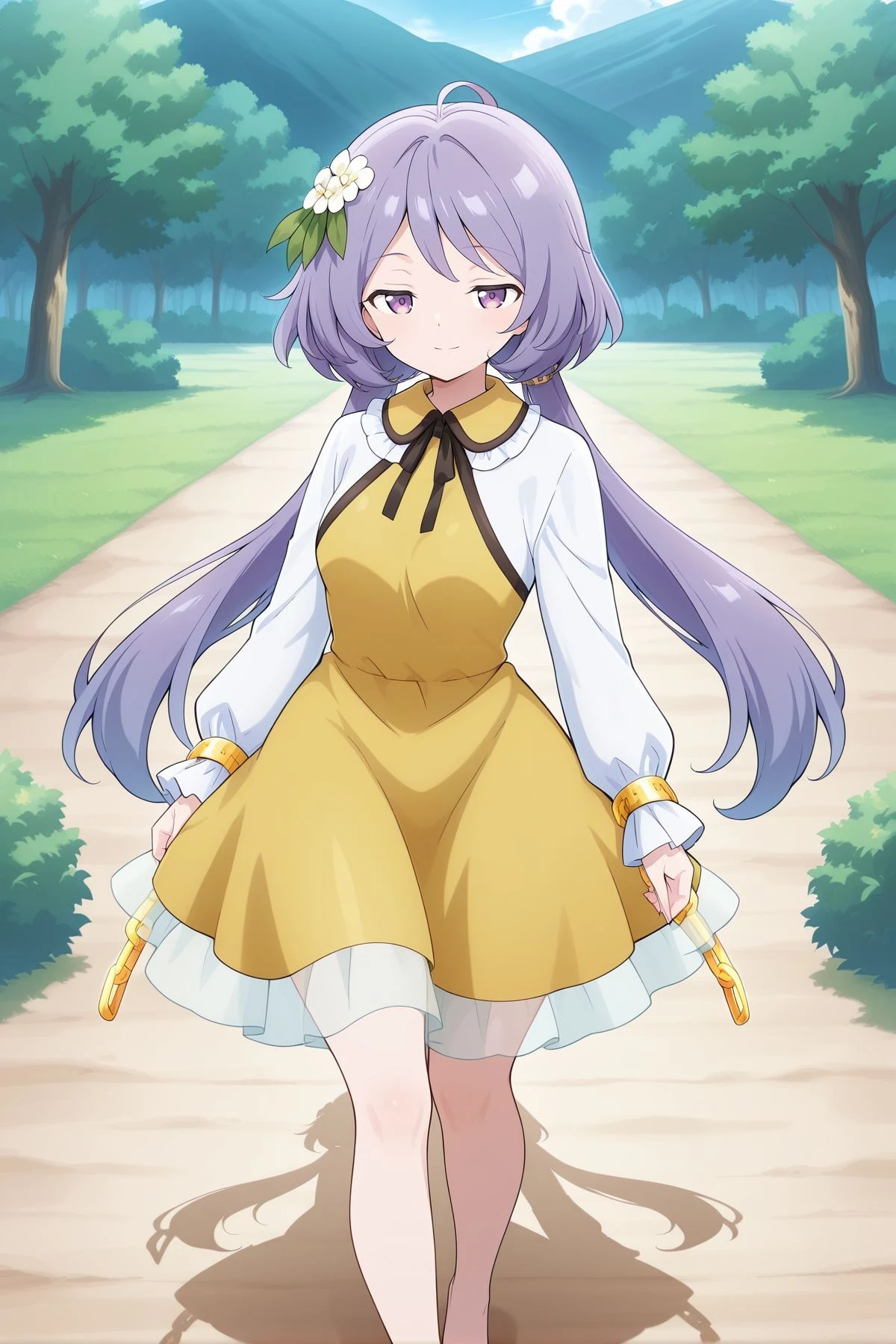 absurdres, highres, masterpiece, best quality, amazing quality, official anime artwork, screencap, anime screencap, outdoors, looking at viewer, light smile, dynamic pose, standing,
<lora:Tsukumo-Benben_Illustrious:1> tsukumo benben, 1girl, solo, purple eyes, purple hair, long hair, twintails, ahoge,, hair flower, white flower, yellow dress, frilled dress, long sleeves, barefoot, chain,