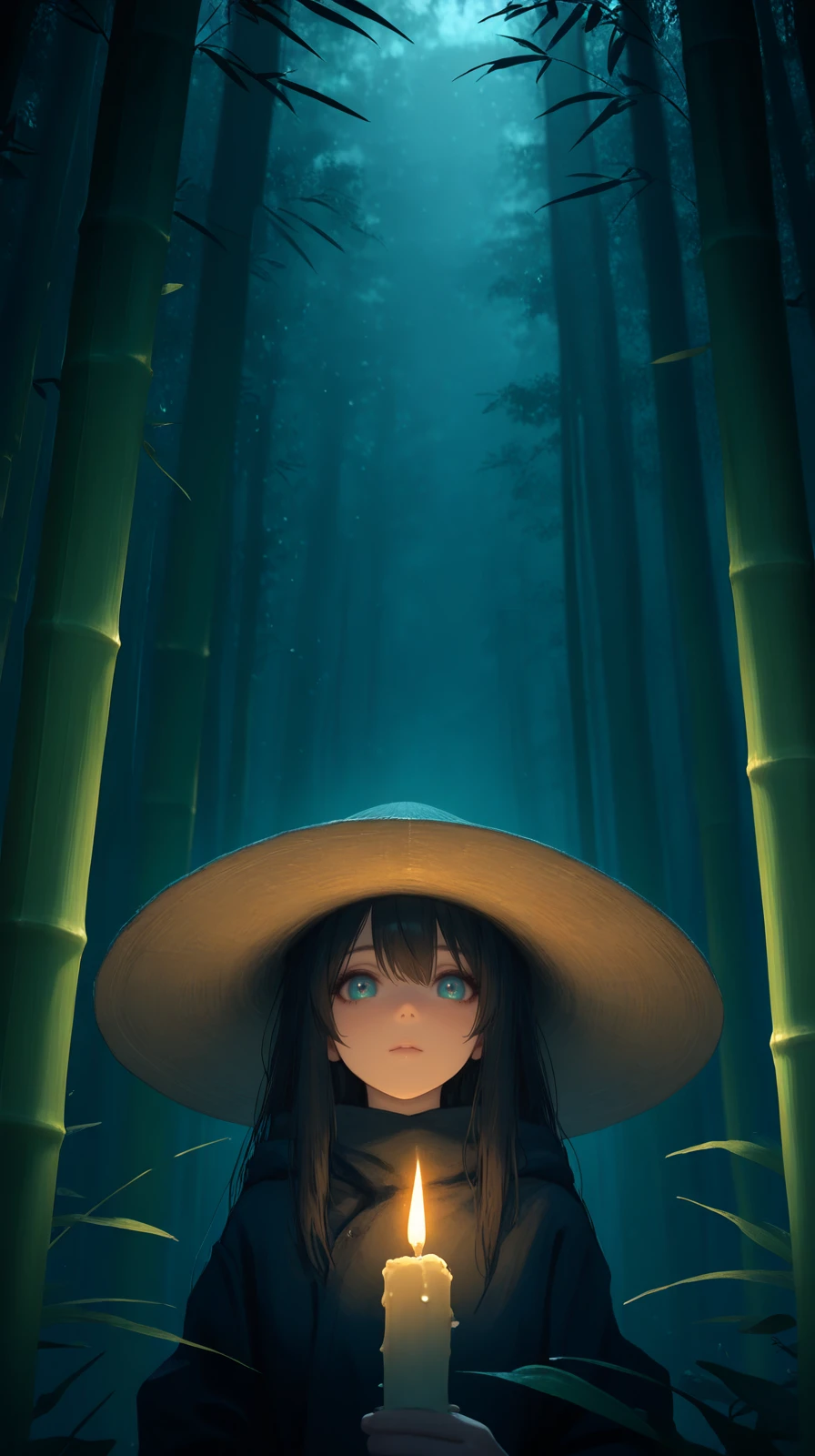 masterpiece, detailed_eyes, high_quality, best_quality, highres, absurdres, 8k, Jedst1, a mysterious swordsman under a wide-brimmed hat, in a misty bamboo forest, with heavy chiaroscuro lighting, under flickering candlelight creating a cozy feel, creating a romantic and intimate atmosphere ,<lora:Jedst1-000004:1>
