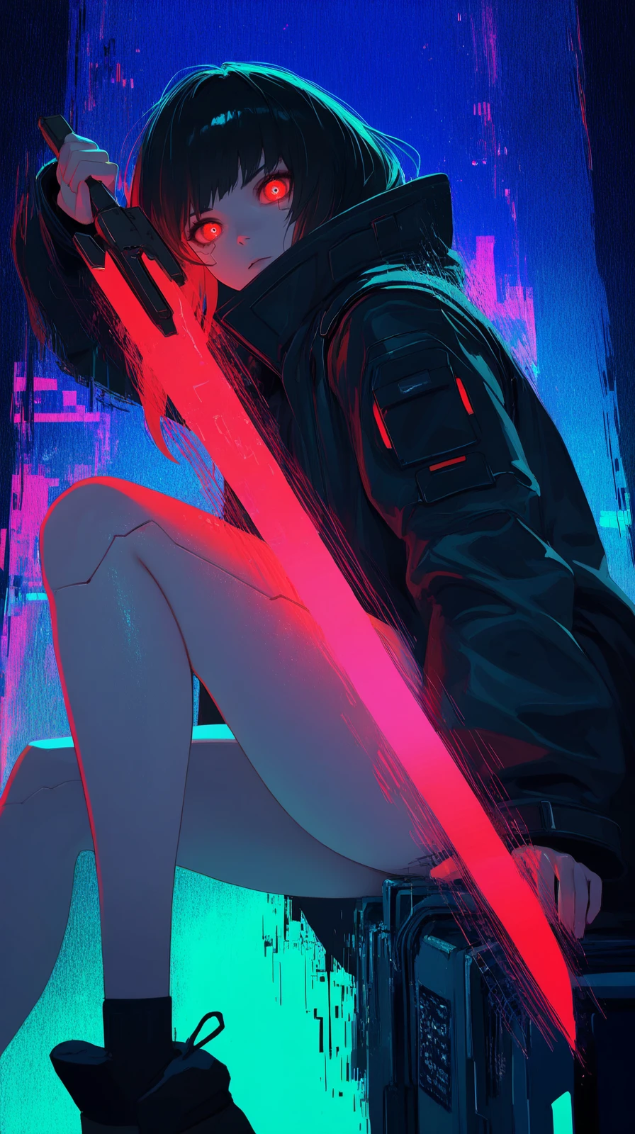 masterpiece, detailed_eyes, high_quality, best_quality, highres, absurdres, 8k, Jedst1, solo, woman, one-handed energy blade, static noise bloom behind, glitch_art overload on legs, fashion-forward black coat, looking at viewer, glowing red eyes, cyberpunk war zone, motion echo ,<lora:Jedst1-000004:1>