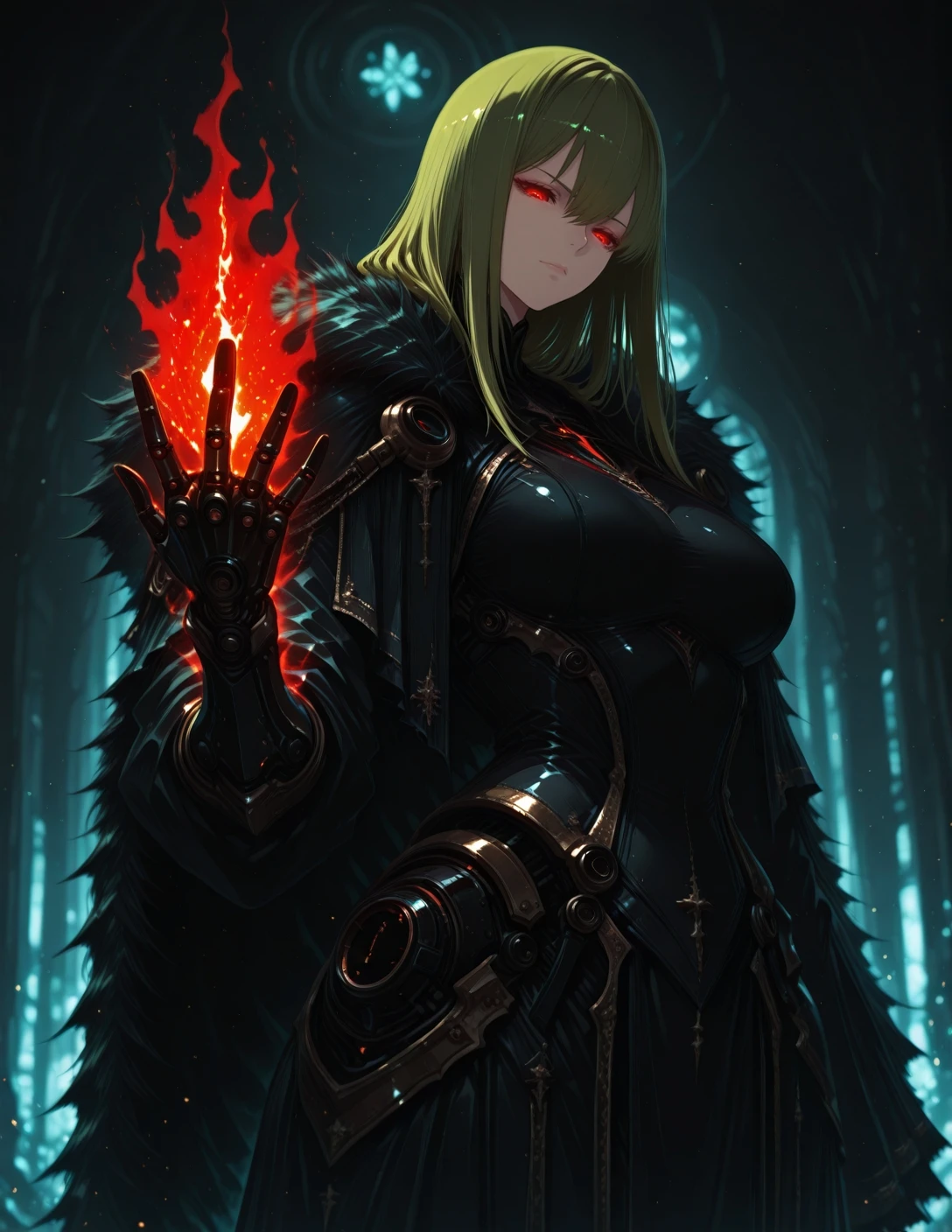 (masterpiece), (best quality), amazing quality, very aesthetic, 4k, 8k, 16k, 32k, nano details, (absurdres), large variant set, extremely_beautiful, sharp_detailed, sharp_focus, detailed anatomy, correct anatomy, perfect anatomy, extremely detailed hair, ambient occlusion, highres, (nakamura_regura:0.30), (k-suwabe:0.70), (shimhaq:0.70), 1girl, green hair, straight hair, long hair, mechanical_eye, mature female, foreshortening, (mechanical scenery), magic particles, sci-fi, futuristic, mechanical arms, mechanical hands, cyberpunk, disdain, arrogant, mechanical eyes, cyber eyes, eye augmentation, black chrome, (raised hand), raised fingers, look at own hand, standing, cowboy shot, golden trim, from below, steampunk, fur cape, detailed, depth of field, cold light, low-key lighting, glowing, glowing particles, light particles, ruby theme, bokeh, (hand dark_aura:1.2), magenta red aura, rising aura, dark_souls_iii, planetarium, <lora:问_ズ_问_尺_闩:1.0000000000000002> <lora:V2_yakumo_alchemy:0.9000000000000001> <lora:PHM_style_IL_v4.1:0.7000000000000002> <lora:dkdraven_v9:0.6000000000000001>