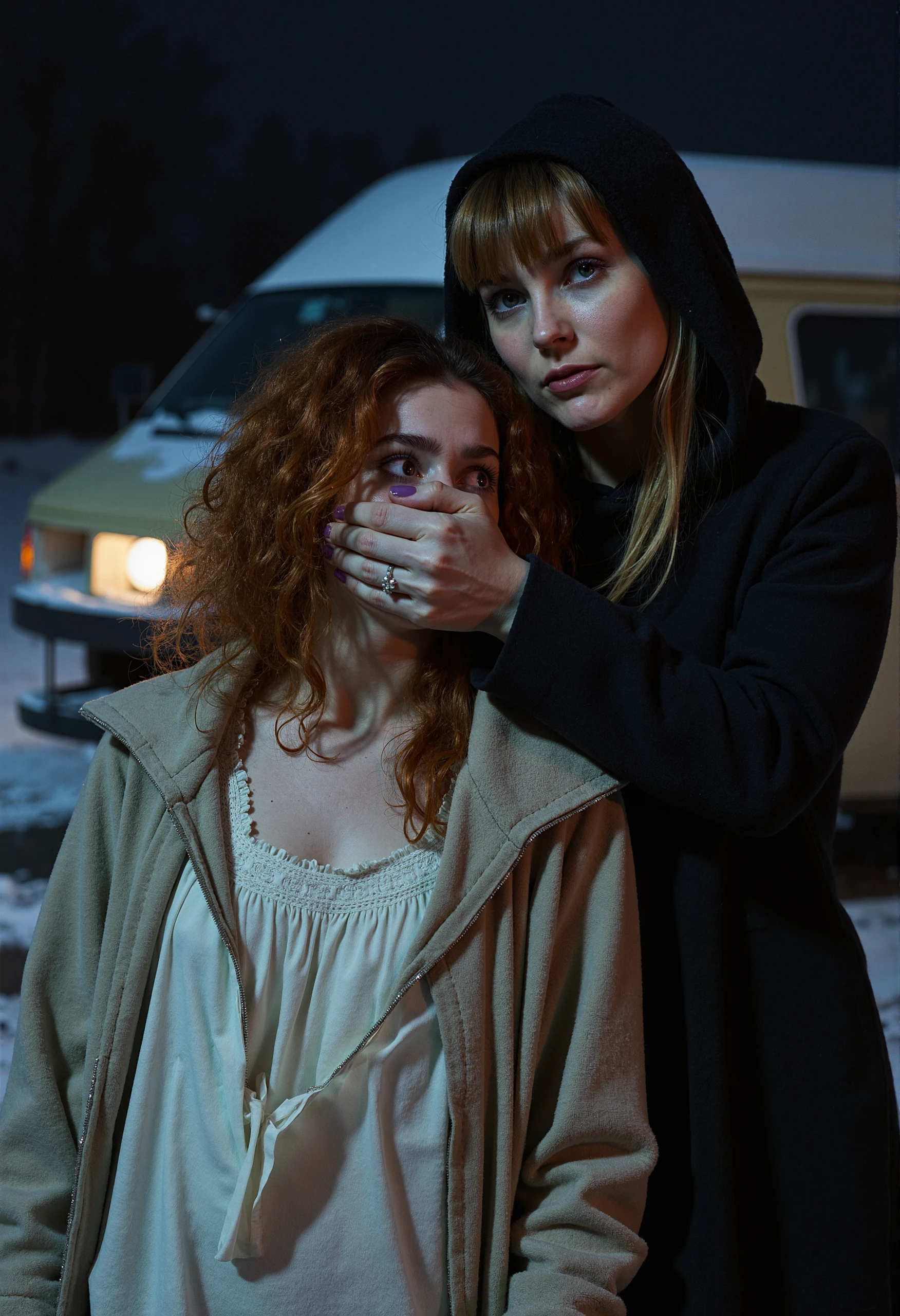 A close-up s2ms8ng photograph featuring a woman and a woman behind. A calculating, shadowy woman in a dark cloak covers a woman's mouth with her hand. Her firm hand tightly covers the mouth of a horrified, petite woman. The victim has tangled auburn hair and wears a shredded coat over a nightgown, her shoes missing. The woman stares intently at a flickering streetlamp, while the victim looks desperately to the side. They are posed in a desolate, snow-covered parking lot at midnight, with an idling van in the background.