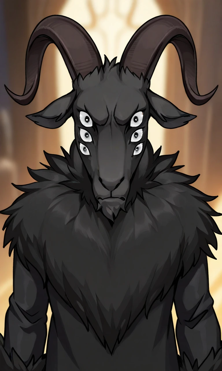 solo,1boy,furry male,goat male,goat horns,goat ears,black skin,black fur,fur-trimmed robe,wide long sleeves,black robe,extra eyes,six eyes,no bitches, close-up, portrait, solo, blurry background, looking at viewer, closed mouth, frown