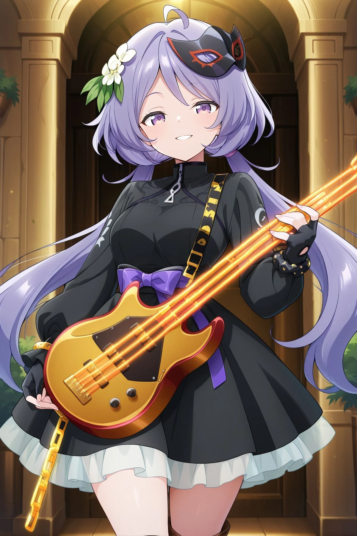 absurdres, highres, masterpiece, best quality, amazing quality, official anime artwork, screencap, anime screencap, indoors, looking at viewer, dynamic pose, smile, happy,
<lora:Tsukumo-Benben_Illustrious:1> tsukumo benben, 1girl, solo, purple eyes, purple hair, long hair, twintails, ahoge,, tsukumo benben \(rebel biwa bassist\), alternate costume, hair flower, white flower, black dress, puffy long sleeves, frilled skirt, waist bow, purple bow, black gloves, fingerless gloves, brown boots, black mask, mask on head, holding bass guitar, wrist scrunchie, black scrunchie,