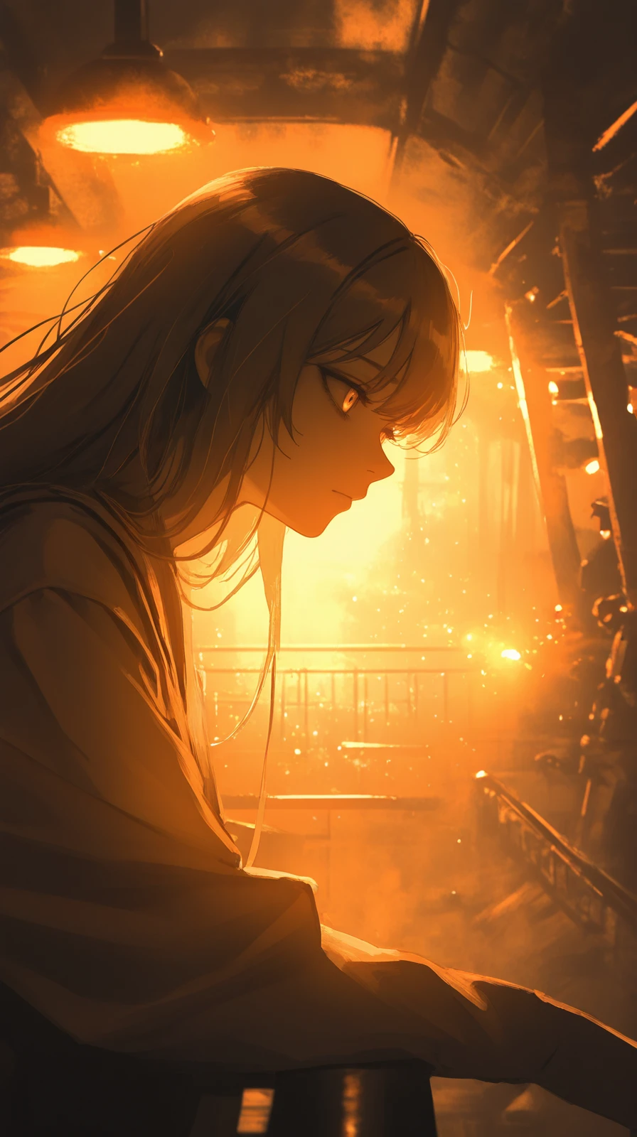 masterpiece, detailed_eyes, high_quality, best_quality, highres, absurdres, 8k, Jedst1, a contemplative artist in a cluttered studio, in an abandoned amusement park bathed in twilight, with sepia-toned monochrome, under dramatic sunset lighting with flares, creating a mysterious and enigmatic atmosphere ,<lora:Jedst1-000004:1>