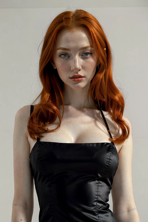 (photo of a beautiful Russian girl:0.777) , <lora:RussianBeauty>, photoshoot, red hair, light white background, (black dress), portrait, volumetric lighting,