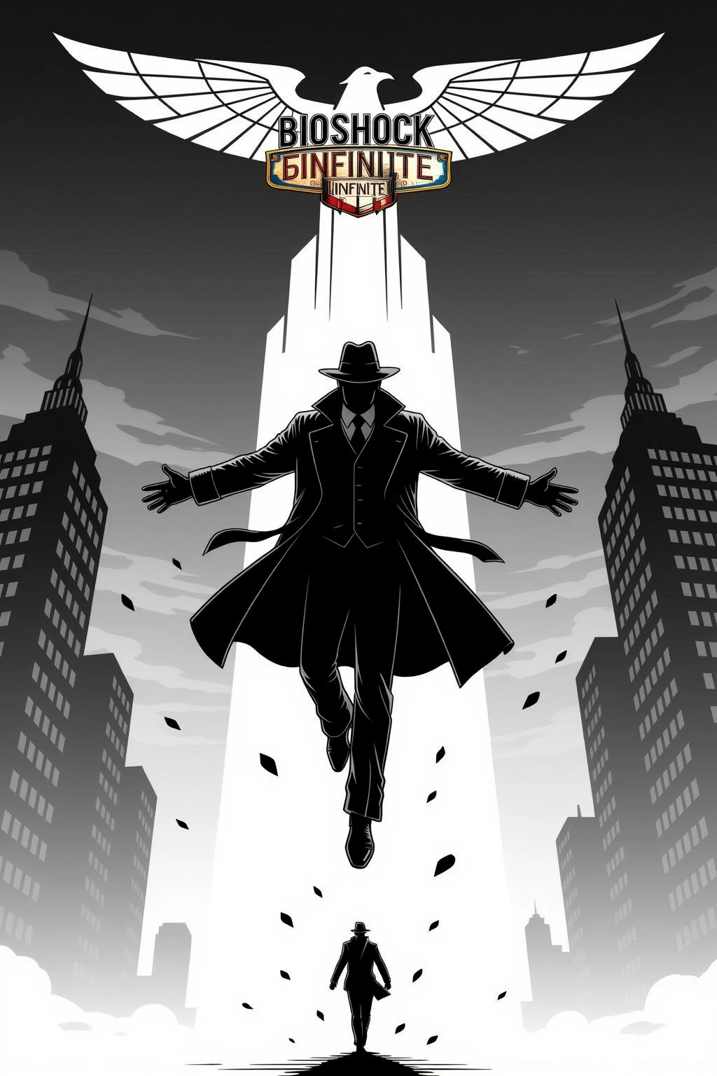 This is a digitally created illustration in a stylized, black-and-white graphic novel or comic book style. The image features a dramatic, dynamic scene set against a backdrop of a cityscape at night. The dominant figure in the foreground is a person, possibly a man, in a classic trench coat and fedora, with a confident stance. The figure is depicted in silhouette, with the coat and hat adding to the noir aesthetic. The man is in mid-air, arms outstretched, as if flying or falling, and his legs are bent, suggesting movement or momentum.
The cityscape behind him is a series of tall, geometric skyscrapers with a futuristic, Blade Runner-esque design. The buildings are stylized with sharp, angular lines and are arranged in a grid-like pattern. The top of the tallest building has a large, ominous, wing-like structure, adding to the dark and mysterious atmosphere.
Scattered around the figure are small, black particles, possibly representing debris or dust, which adds to the sense of motion and chaos. At the top of the image, in bold, black letters, is the text "Bioshock Infinite," indicating the title of the game or story this illustration is associated with. The overall mood is intense and suspenseful, with a