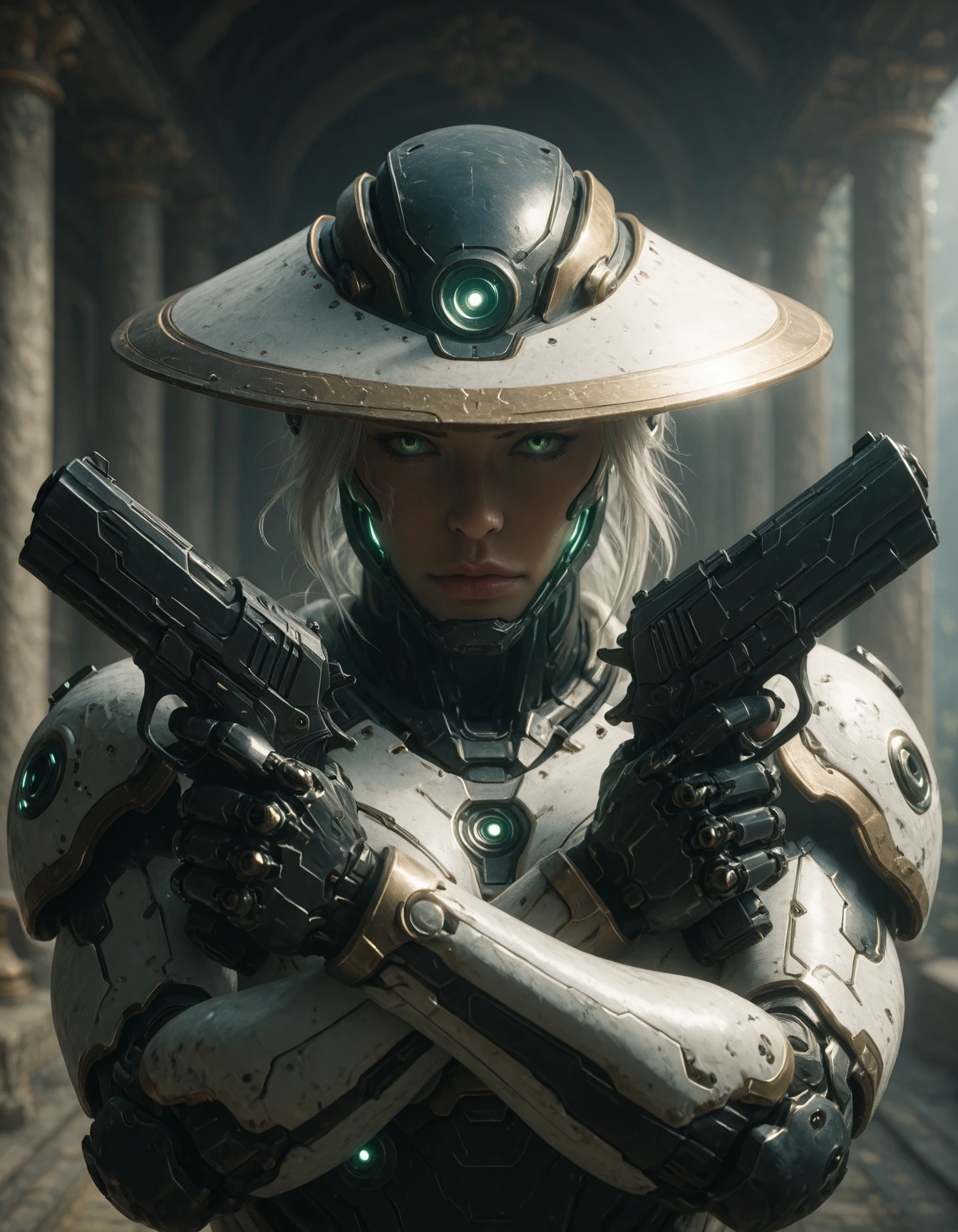 Fmasterpiece, best quality, amazing quality, very aesthetic, high resolution, absurdres, newest, photorealism, realistic,1girl, white hair, cyborg armor, white coat, holographic, green eyes, sunlight, temple in background, holding two pistols, dynamic close up pose, cinematic, close up, crossing two pistols in an X pose. x pistol pose <lora:XPistolPoseIL:0.9> <lora:CyborgSamuraiPistolsIL:0.75> cyborg samurai
