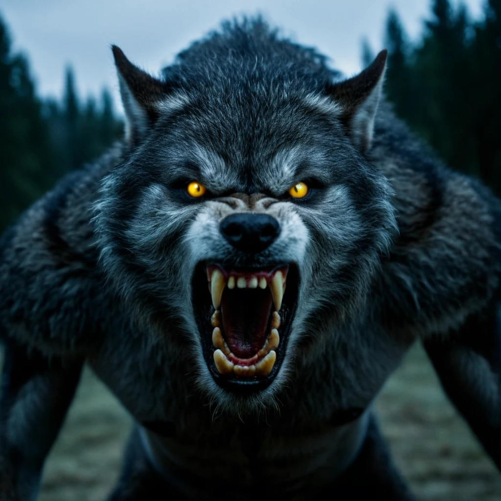 cinematic film still of <lora:Werewolf illu v1:1>
wide angle of a werewolf is walking in the dark Werewolf Style, solo, looking at viewer, open mouth, standing, yellow eyes, teeth, sky, no humans, glowing, fangs, sharp teeth, furry, claws, glowing eyes, monster, werewolf, horror (theme), drawing, shallow depth of field, vignette, highly detailed, high budget, bokeh, cinemascope, moody, epic, gorgeous, film grain, grainy