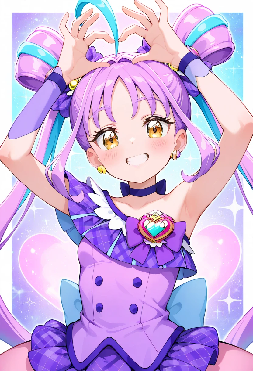 masterpiece, best quality, absurdres, very aesthetic, general,
cure kyunkyun, 1girl, smile, purple hair, solo, looking at viewer, grin, arms up, yellow eyes, sparkle, twintails, upper body, purple choker, blush, purple bow, hair bow, armpits, multicolored hair, blue hair, brown eyes, purple dress, shiny hair, detached sleeves, purple neckwear, teeth, sidelocks, arm warmers, very long hair, ahoge, plaid bow, hair ribbon, two-tone hair, short sleeves, multiple hair bows, bare shoulders, parted bangs, high ponytail, wrist cuffs, blue background, back bow, sparkle background, hair rings, pink bow, eyelashes, pink background, purple background, happy, blue bow, purple ribbon, purple sleeves, :d, hair intakes, streaked hair, white background, sleeveless dress, ribbon choker, plaid shirt, open mouth, purple shirt, collarbone, buttons, multicolored background, blue choker, symbol in eye, hands up, bracelet, clenched teeth, arm up, pink hair, pastel colors, gem, pink choker, purple theme, wristband, gradient, small breasts, plaid dress, sleeveless shirt, heart brooch, aqua hair, skirt, purple bowtie, plaid ribbon, standing, asymmetrical clothes, hair ornament, heart background, earrings, heart hands,
<lora:cure_kyunkyun_shigure_kokoro_illustXL_locon_v1:0.7>