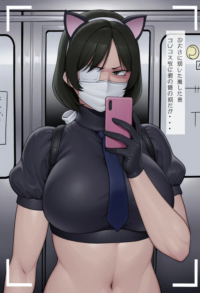 hi-school girl、selfie photo、Take a selfie in the mirror、Black mask、Black Blazer Uniform、barechested、no-bra、shiny areola、tiny chest、Shiny skin、Lifting the hem of the skirt、spats、see-through langerie、cameltoe、​masterpiece、highcontrast、cinematlic lighting、Detailed shading、top-quality、Top image quality