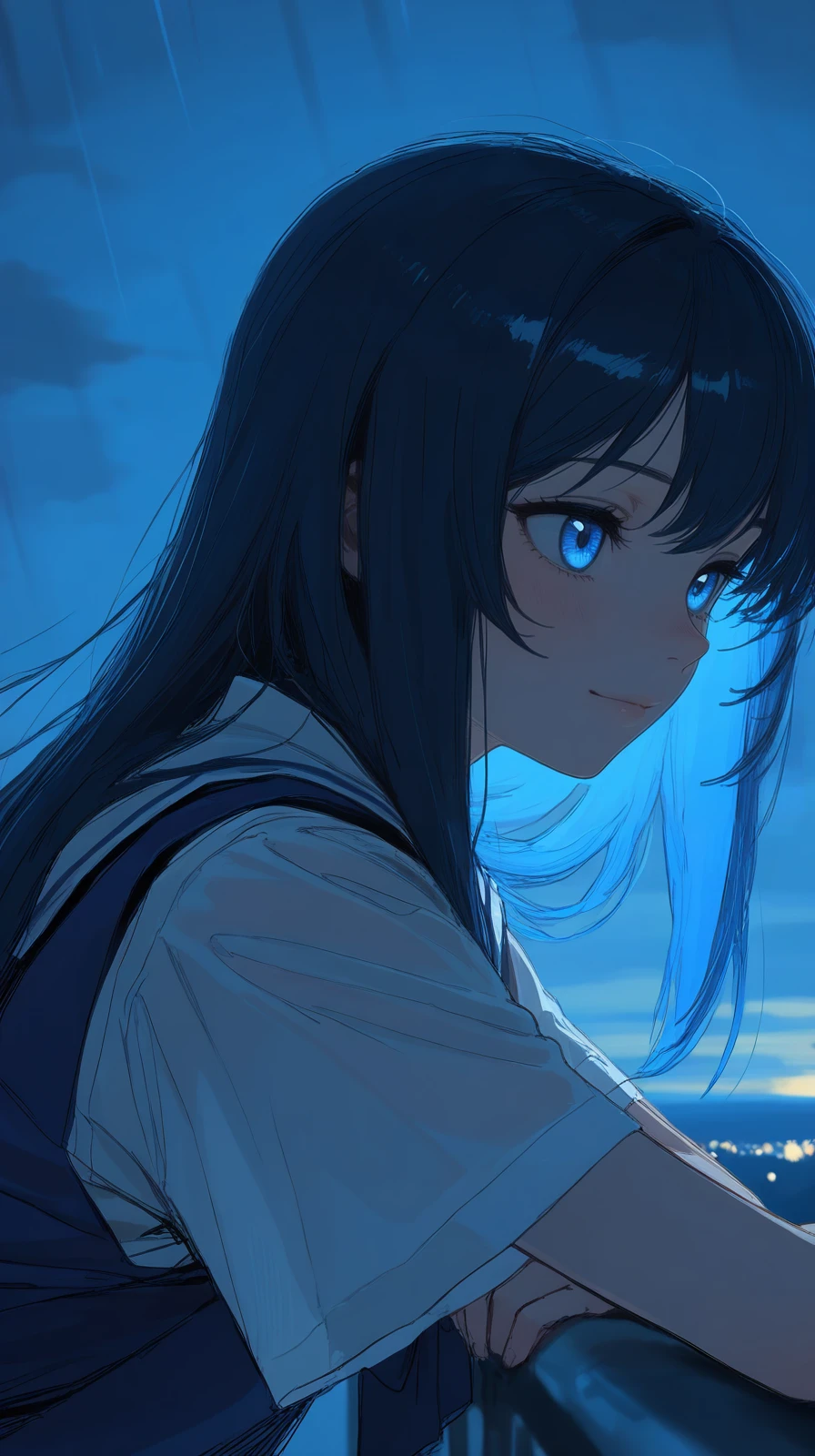 masterpiece, detailed_eyes, high_quality, best_quality, highres, absurdres, 8k, Jedst1, a cheerful schoolgirl in spring uniform, in a serene lakeside at dawn, with sketch-like lines and hatching, under moonlight casting long blue shadows, creating a nostalgic and wistful atmosphere ,<lora:Jedst1-000004:1>
