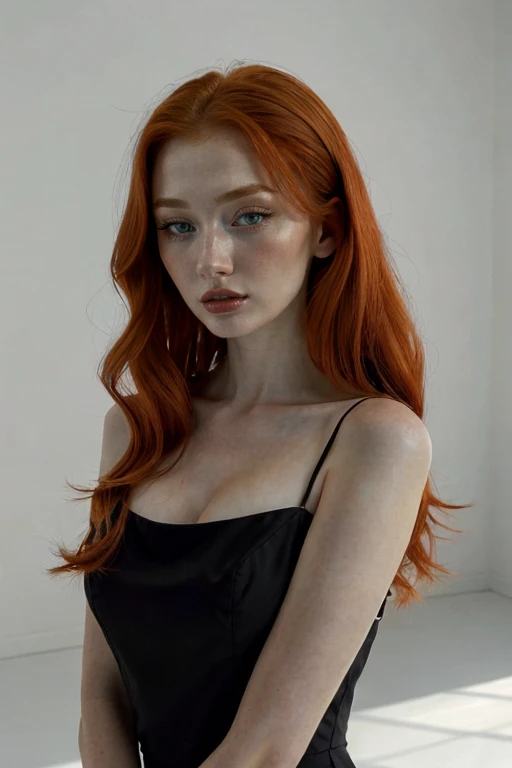 (photo of a beautiful Russian girl:0.777) , <lora:RussianBeauty>, photoshoot, red hair, light white background, (black dress), portrait, volumetric lighting,