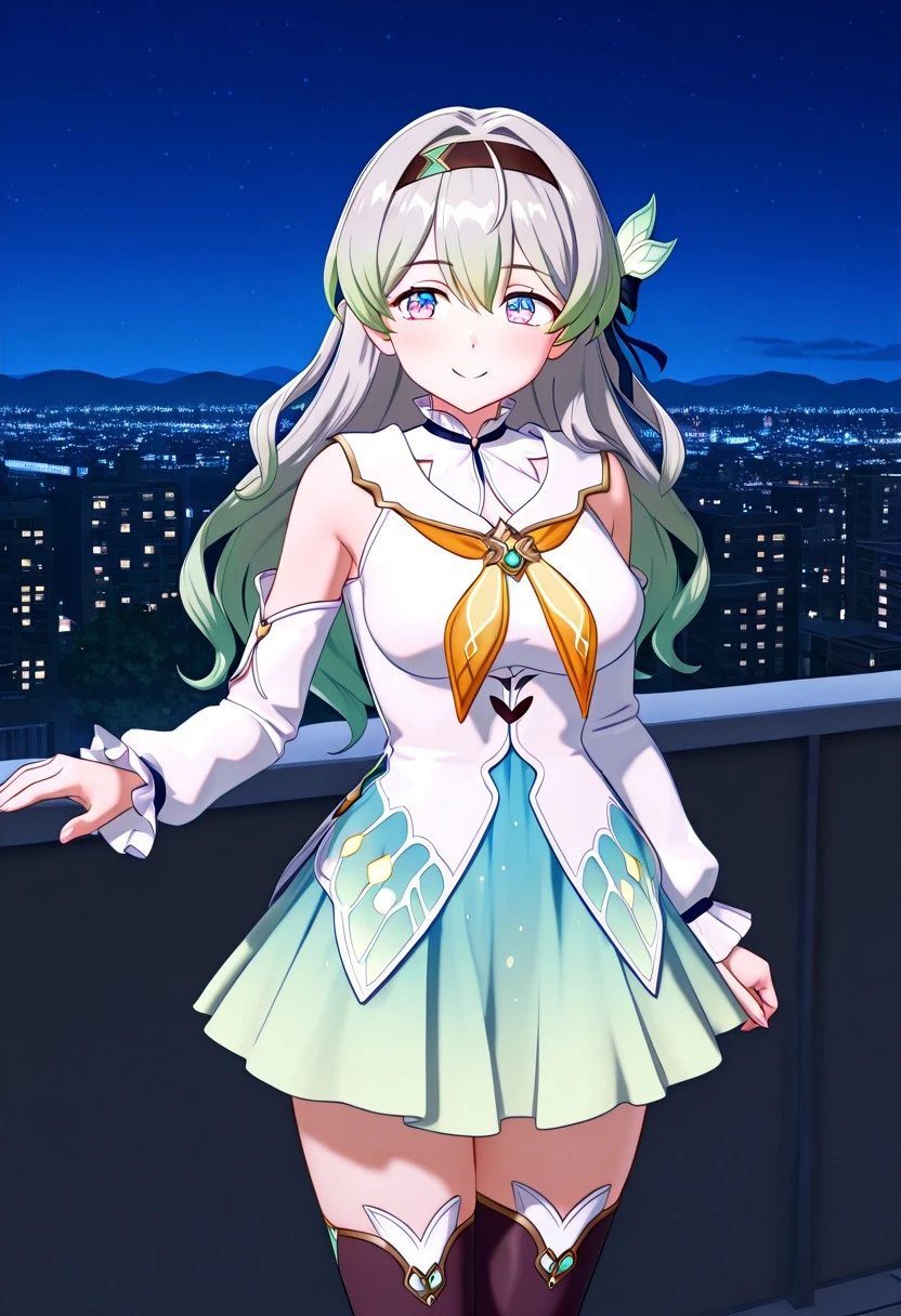 high resolution, gorgeous, absurdres, best quality, anime screencap, source_anime, official art, seismic, 3d, 1girl, long hair, grey hair, green hair, multicolored eyes, blue eyes, pink eyes, FF_hairband, FF_hair_ornament, Fireflydef, FF_shirt, FF_skirt, FF_detached sleeves, FF_jacket, FF_bow, FF_thighhighs, FF_high_heels_boots, smile, outdoors, city, balcony, night, ((((cowboy shot))))