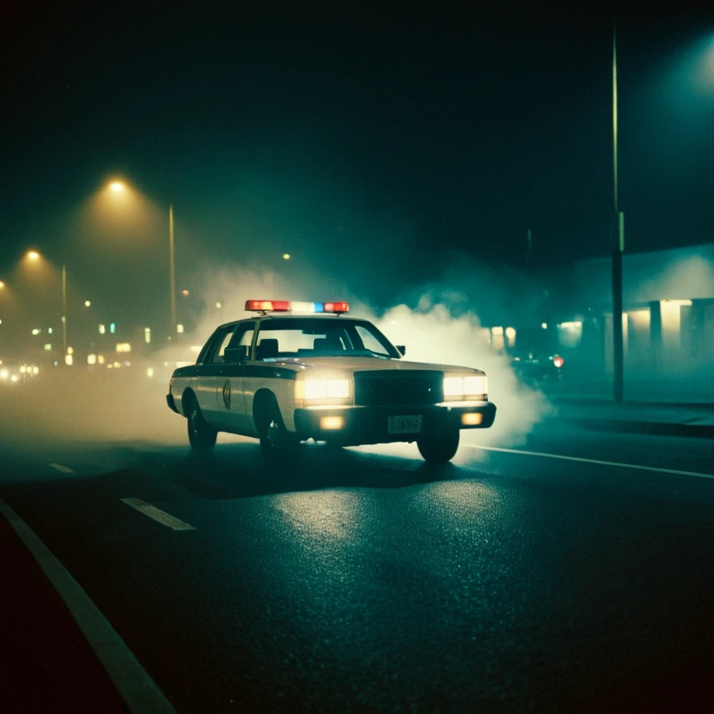 cinematic film still of <lora:Polaroid style illu v1:0.9>
A cinematic Polaroid photography of a police car driving through a foggy street, film still, sharp, detailed, perfect, perfection style, Kodak, film, fujifilm, technicolor, vivid color, spotlight, amateur photography style, bright light, flash photography style, white light, over exposed style, Polaroid style, outdoors, sky, no humans, night, glowing, motor vehicle, car, road, vehicle focus, lamppost, headlight, ground vehicle, night sky, scenery, science fiction, lights, smoke, dark, fog
, shallow depth of field, vignette, highly detailed, high budget, bokeh, cinemascope, moody, epic, gorgeous, film grain, grainy