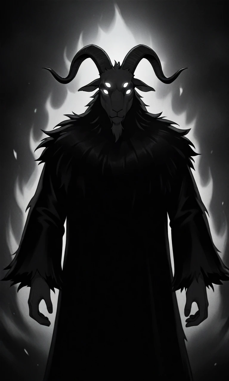 solo,1boy,furry male,goat male,goat horns,goat ears,black skin,black fur,fur-trimmed robe,wide long sleeves,black robe,extra eyes,six eyes,fire_and_ice_(series),black theme, monochrome, glowing eyes, dark