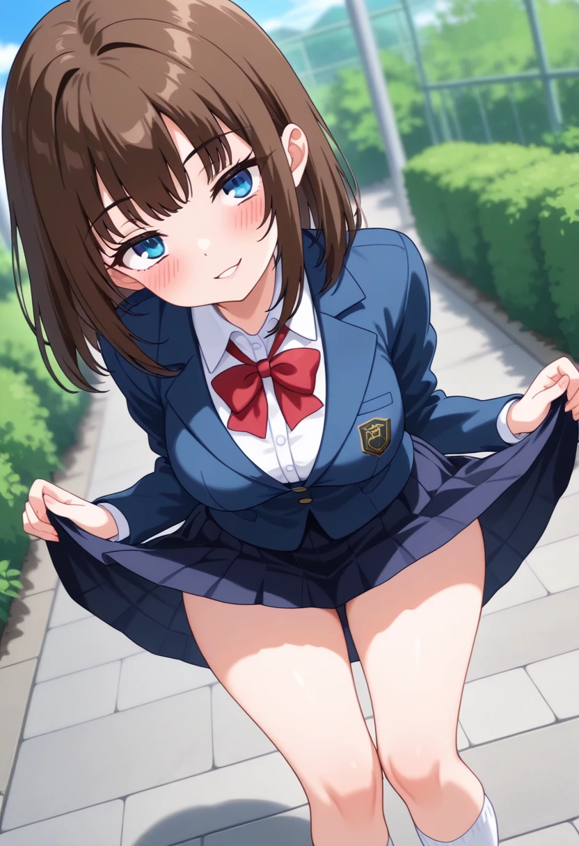 17 age, girl with, School Uniforms,slightly larger udder,Narrow waist, Hairstyle is a bob cut, Poolside background,Smiling face,full body Esbian,「Come here」The pose that