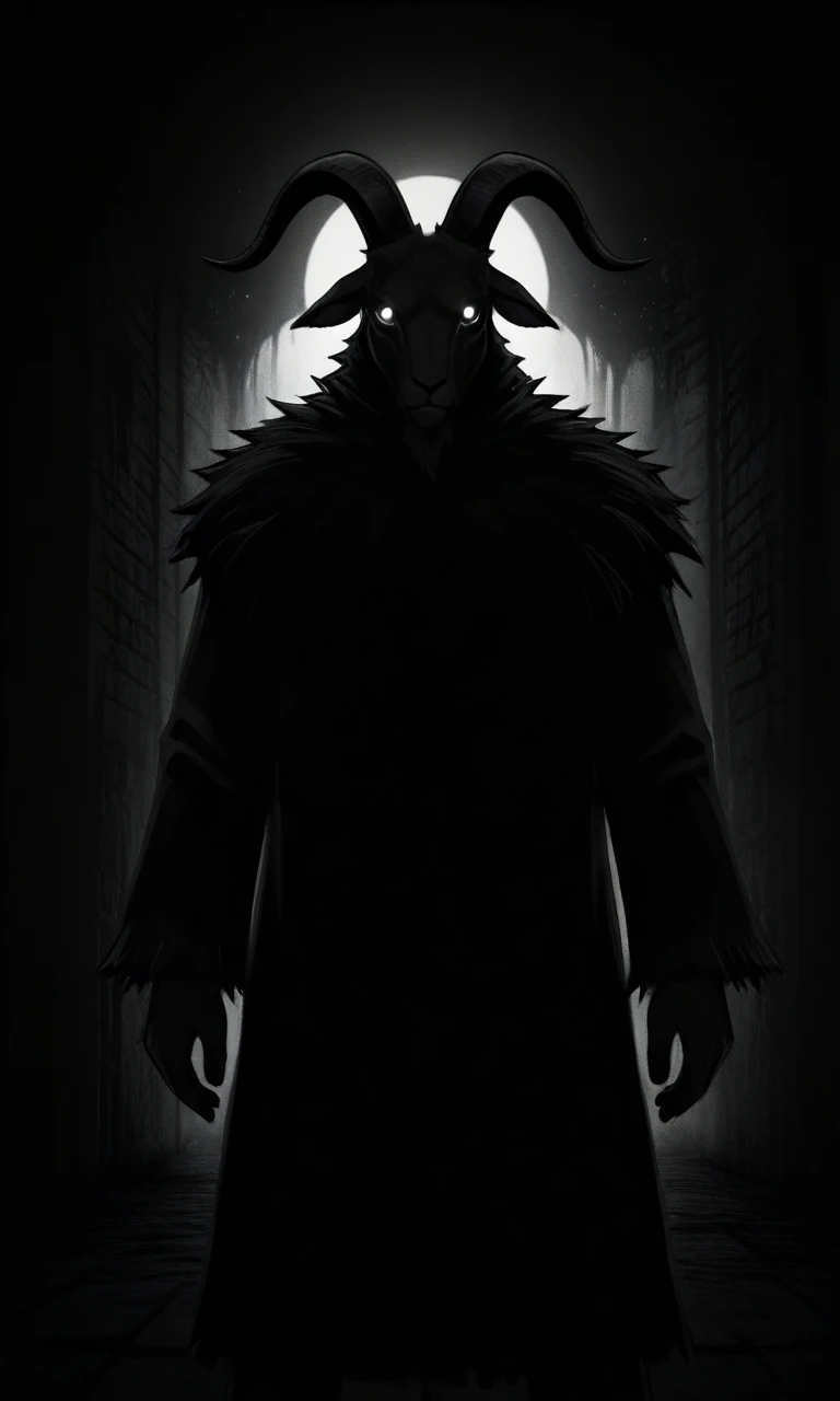 solo,black theme, monochrome, glowing eyes, dark,1boy,furry male,goat male,goat horns,goat ears,black skin,black fur,fur-trimmed robe,wide long sleeves,black robe,extra eyes,six eyes,shstyle,silent hill