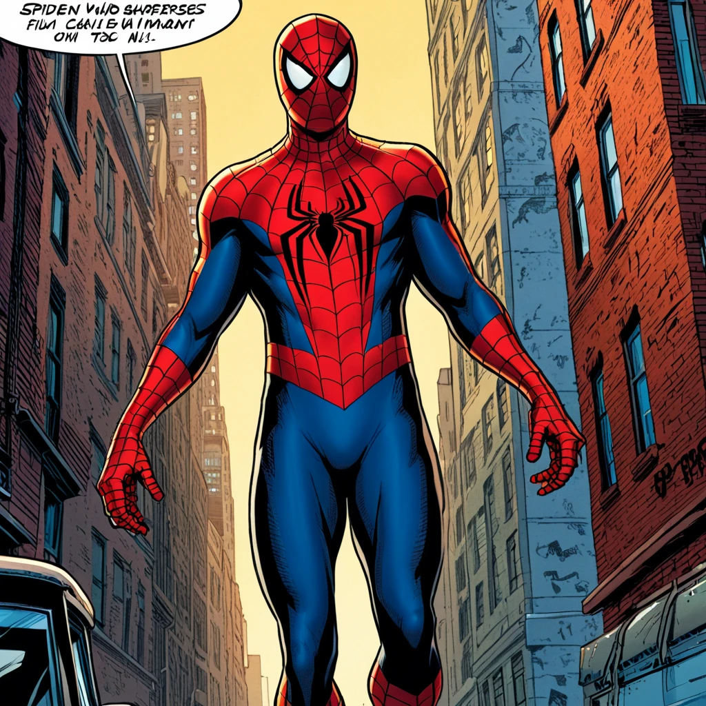 comic book art of <lora:Spider-Man pony v1:1>
Cartoon comic book style Cinematic Spider-Man style a comic page with a spider - man and a man in a suit, cinematic film style, perfect cinematic image, perfect body, perfect anatomy, sharp cinematic image, detailed cinematic image, Kodak cinematic film color style, high quality film photography style, motion picture film style, Spider-Man style, comic, necktie, english text, bodysuit, sunglasses, parody, formal, suit, animal print, superhero, silk, spider web, spider web print, western comics (style), spider-man, teeth, speech bubble, mask, animification, red bodysuit, blue bodysuit, two-tone bodysuit, crossover, comic art, graphic novel illustration
