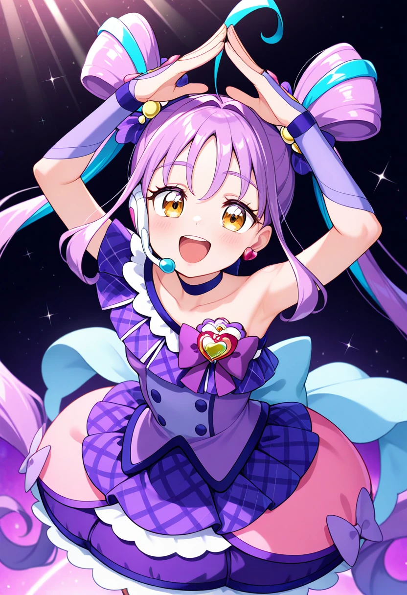 masterpiece, best quality, absurdres, very aesthetic, general,
cure kyunkyun, 1girl, solo, open mouth, smile, yellow eyes, armpits, purple hair, arms up, :d, looking at viewer, ahoge, twintails, eyebrows visible through hair, collarbone, hair bow, teeth, multicolored hair, purple choker, purple bow, wrist cuffs, sidelocks, pink hair, purple background, upper teeth, cowboy shot, two-tone hair, blue hair, hair rings, detached sleeves, blush, purple neckwear, pink bow, shiny hair, purple dress, brown eyes, bare shoulders, back bow, eyelashes, very long hair, floating hair, arm warmers, purple skirt, blue bow, standing, pink background, plaid bow, streaked hair, hair ribbon, happy, layered skirt, hair between eyes, own hands together, blue choker, light particles, pleated skirt, white skirt, bowtie, frills, purple theme, plaid skirt, short sleeves, pink theme, small breasts, round teeth, leaning forward, from above, hair intakes, miniskirt, purple ribbon, looking up, layered dress, plaid shirt, white bow, curly hair, buttons, pink skirt, sparkle, gradient background, pink choker, multicolored background, light rays, blurry background, sleeveless shirt, hands up, tongue, sleeveless dress, arm up, plaid dress, blue skirt, fingernails, purple shirt, bubble skirt, candy hair ornament, multicolored clothes, high ponytail, staff (music), stage, frilled skirt, fingers together, microphone, heart brooch, headset, singing, checkered clothes, music, heart hair, bow choker, bridal gauntlets, multicolored dress, medium dress, dress bow, checkered skirt, pink dress, checkered dress, white dress, single strap, hair bun, short dress, earrings, hair ornament, thighs,
<lora:cure_kyunkyun_shigure_kokoro_illustXL_locon_v1:0.7>