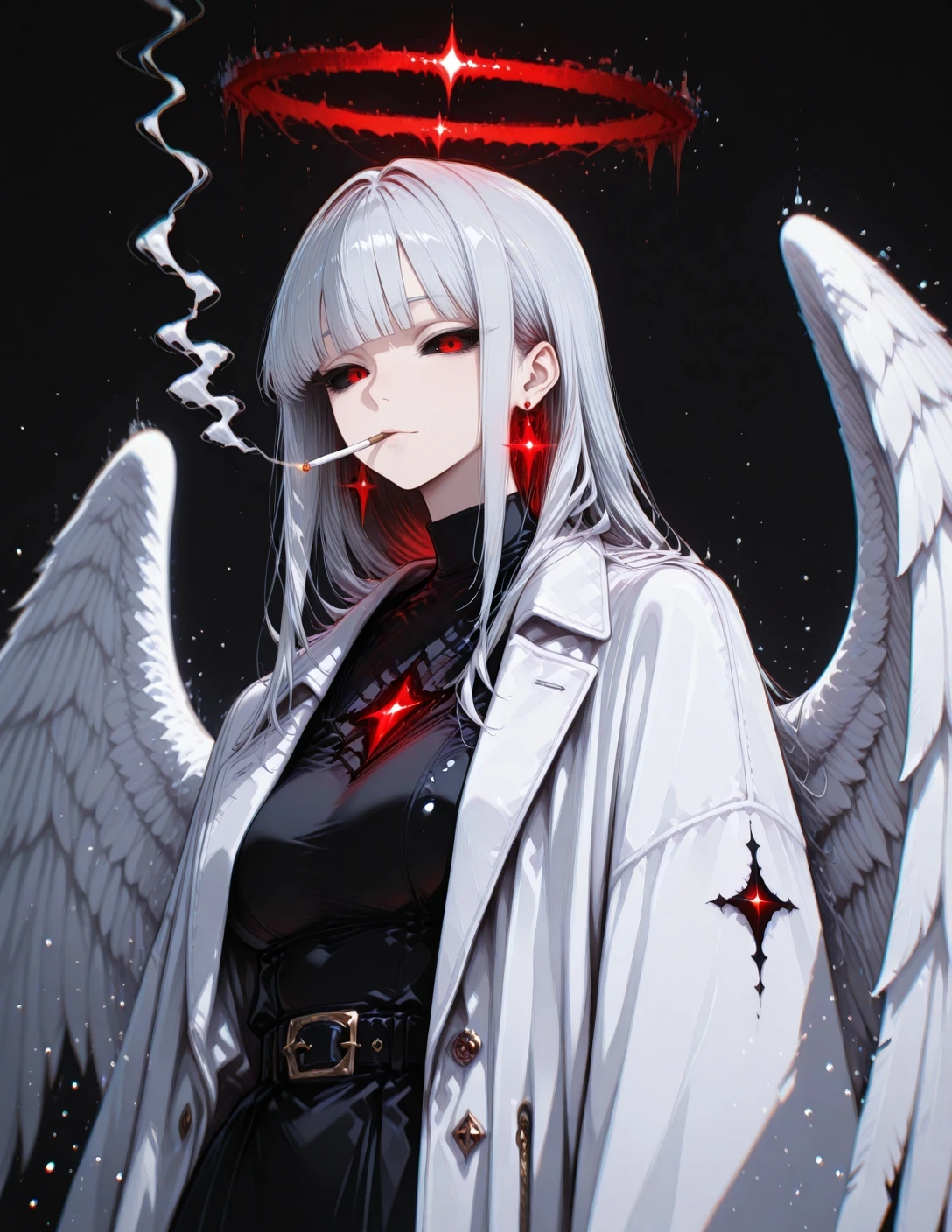(masterpiece), (best quality), amazing quality, very aesthetic, 4k, 8k, 16k, 32k, nano details, (absurdres), large variant set, extremely_beautiful, sharp_detailed, sharp_focus, detailed anatomy, correct anatomy, perfect anatomy, extremely detailed hair, ambient occlusion, highres, 1girl, cigarette, solo, red_halo, wings, long hair, glowing, smoking, earrings, looking at viewer, angel wings, blunt bangs, long sleeves, feathered wings, tall wings, folded wings, silver hair, white wings, coat, tall coat, open coat, black shirt, glitch_art, (blending:1.2), (glitch halo), glitching halo, (black sclera:1.2), (black eyes:1.2), (chromatic_aberration:1.2), dark_aura, royalty, noble, (motion blur), reverse falling, ink particles, white ink, detailed, depth of field, (nakamura_regura:0.30), (ningen mame:0.30), (laserflip:0.40), (shpo:0.50), (lvl_sentrythe2310:0.30), (k-suwabe:0.70), <lora:PHM_style_IL_v4.1:0.6000000000000001> <lora:问_ズ_问_尺_闩:1.0000000000000002> <lora:114558v4df2fsdf5:0.7000000000000002> <lora:dkdraven_v9:0.6000000000000001>