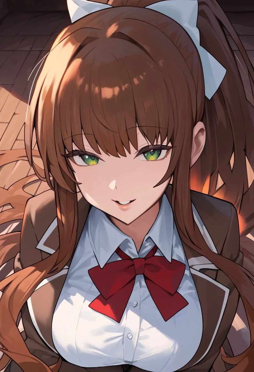 score_9, score_8_up, score_7_up, score_6_up, score_5_up, score_4_up, source_cartoon, <lora:confetti-extract- ponyxl:0.85>, detailed eyes, easynegative, rating_explicit, Expressiveh, 1girl, solo, hood, big breasts, smiling at viewer, lips, close up, close to viewer
Monika, very long hair,brown hair,ponytail,hair bow,white bow,hair ribbon,white ribbon,sidelocks,bangs,green eyes, school uniform,brown jacket,blazer,wing collar,neck ribbon,red ribbon,white shirt,long sleeves,