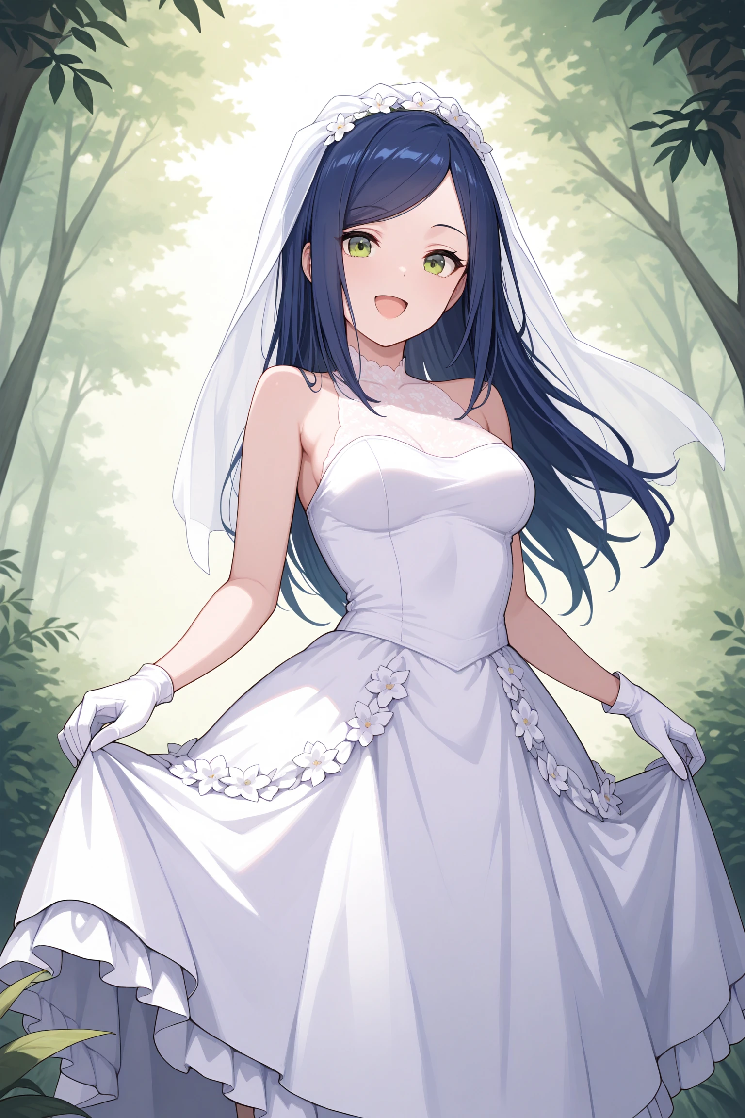 masterpiece, best quality, very aesthetic, juneyIMAS, solo, outdoors, nature, day, bridal veil, dark blue hair, swept bangs, parted bangs, long hair, green eyes, medium breasts, wedding dress, white dress, white gloves, frilled skirt, smile, open mouth, :d, <lora:Juney-IM@S:0.7>