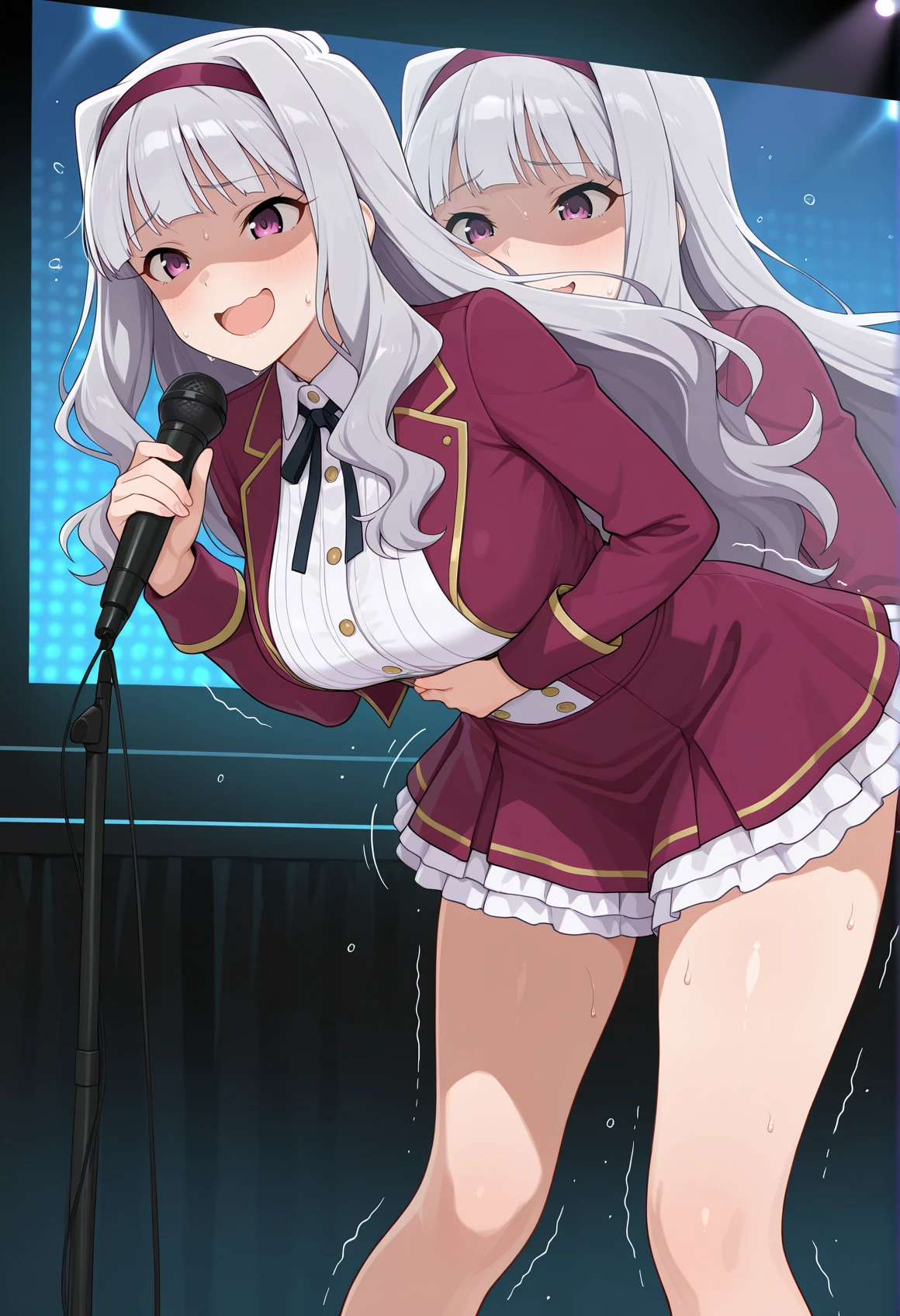 amazing quality,very aesthetic,absurdres,best quality,newest,masterpiece,4k resolution, absurdres, highres, detailed background,
<lora:stomach_ache:0.6>1girl, hand on own stomach, sweat, leaning forward, nervous, scared, trembling legs, idol, shijou takane, on stage, big screen, wavy mouth, smile, open mouth, holding microphone, shaded face,