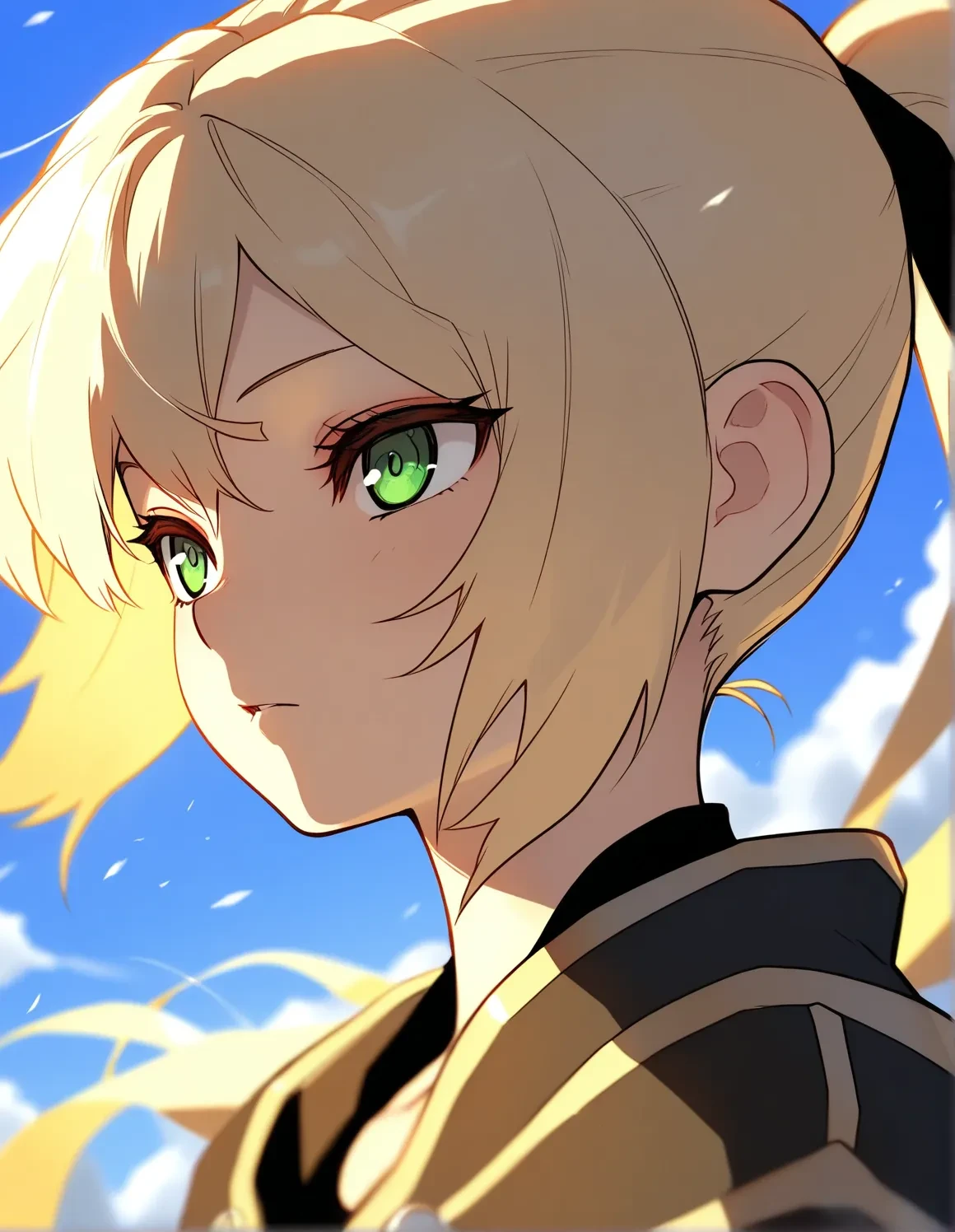 masterpiece,best quality,very aesthetic,highres,<lora:FSRGG_ilv2:1>,fsr0ug,sky,wind,solo,portrait,ponytail,green eyes,