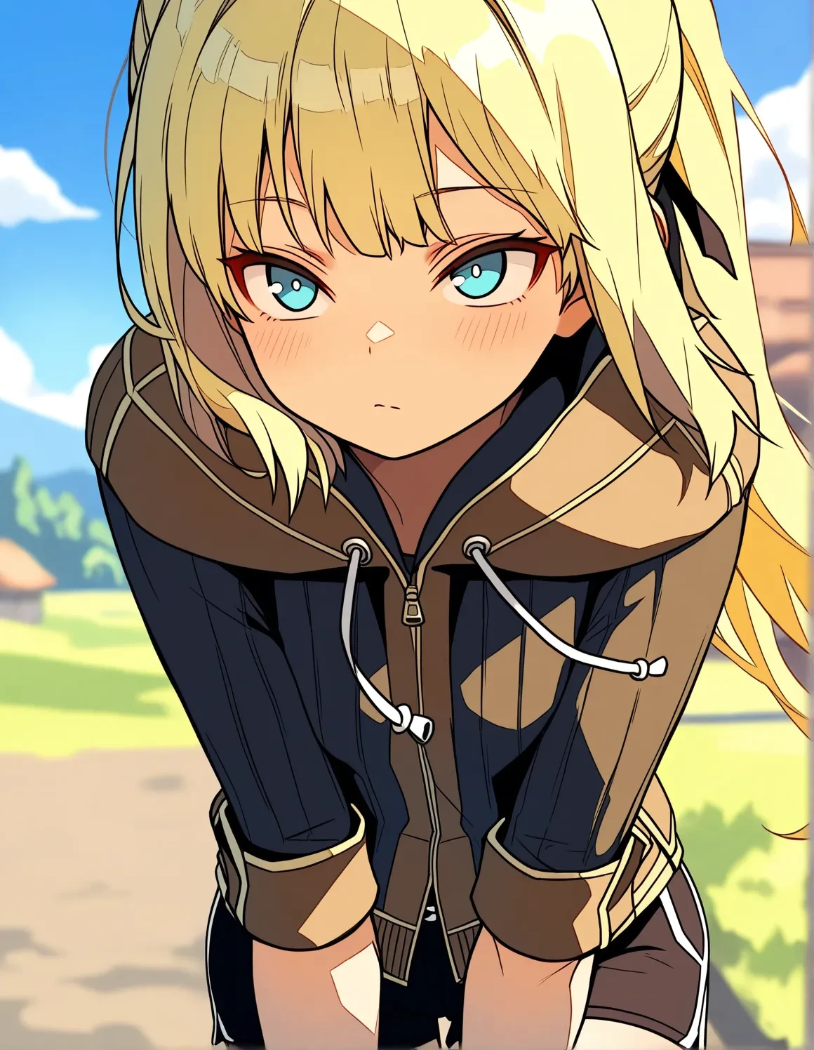 masterpiece,best quality,very aesthetic,highres,<lora:FSRGG_ilv2-000010:1>,fsr0ug,blonde hair,outdoors,sky,shorts,