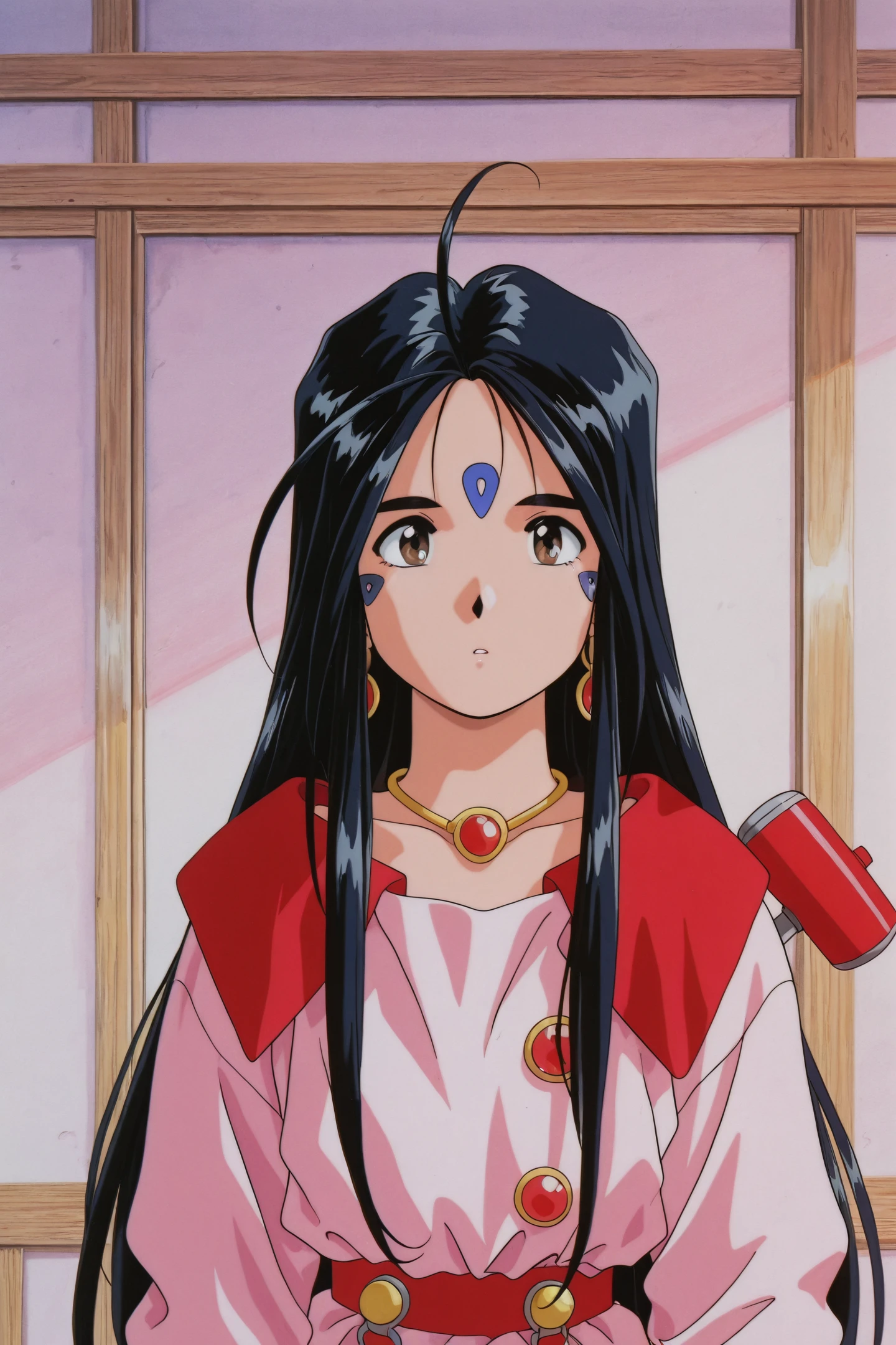 OVA Style,Skuld,1girl,solo,retro artstyle,1990s \(style\),long hair,forehead mark,black hair,hammer,jewelry,facial mark,looking at viewer,ahoge,necklace,
<lora:Ah! My Goddess_illustriousXL:1>,
