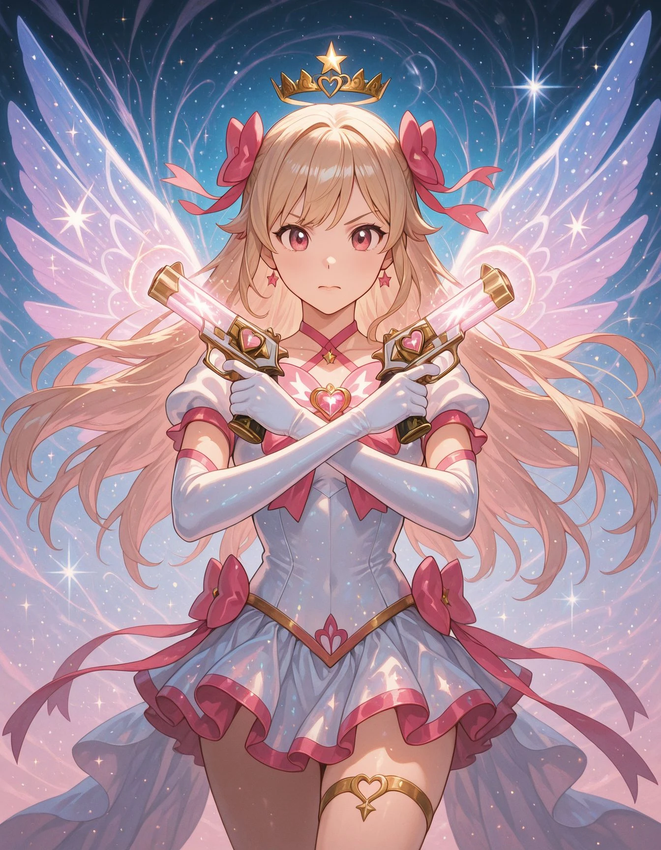 Flatline, Flat vector illustration,,masterpiece, best quality, good quality, very aesthetic, absurdres, newest, 8K, depth of field, focused subject, dynamic angle, A hyper-realistic magical girl mid-transformation, crossing two heart-shaped or gem-embedded pistols in an X pose. Sparkles, ribbons, and glowing symbols swirl around her as her costume changes into its final form. Focus on glossy fabrics, shimmering magic, and soft light effects. <lora:XPistolPoseIL:1> x pistol pose