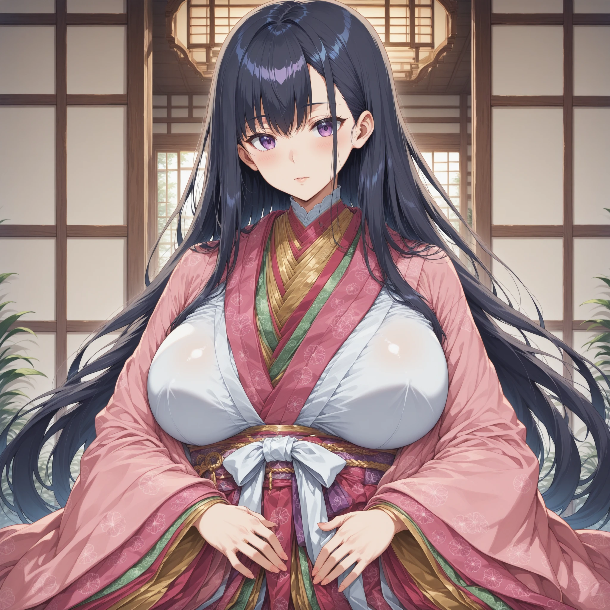 A beautiful Japanese princess from the Sengoku period with long black hair Gorgeous embroidery, Ultra glossy, She is wearing a shiny Edo-period princess kimono. She is forced to have a penis insery an on front of her lover Intense sex Fluid spurting from nipples The old man massagereasts