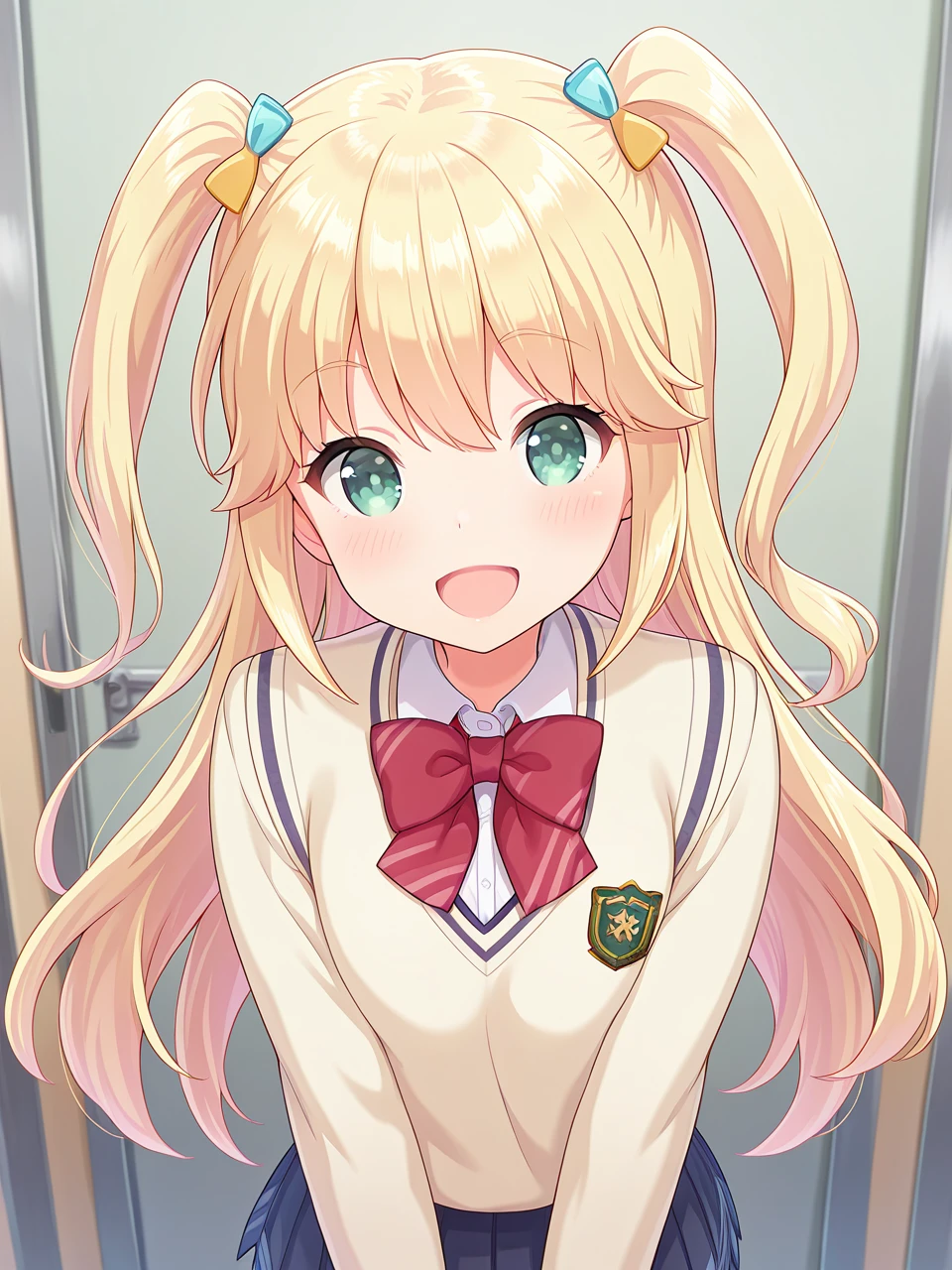 best quality, masterpiece, 1girl,solo,
indoor, standing, upper body, looking at viewer,
school uniform, smile, open mouth,
yuzu and blonde hair and long hair and green eyes and two side up and eyebrows visible through hair and bangs,