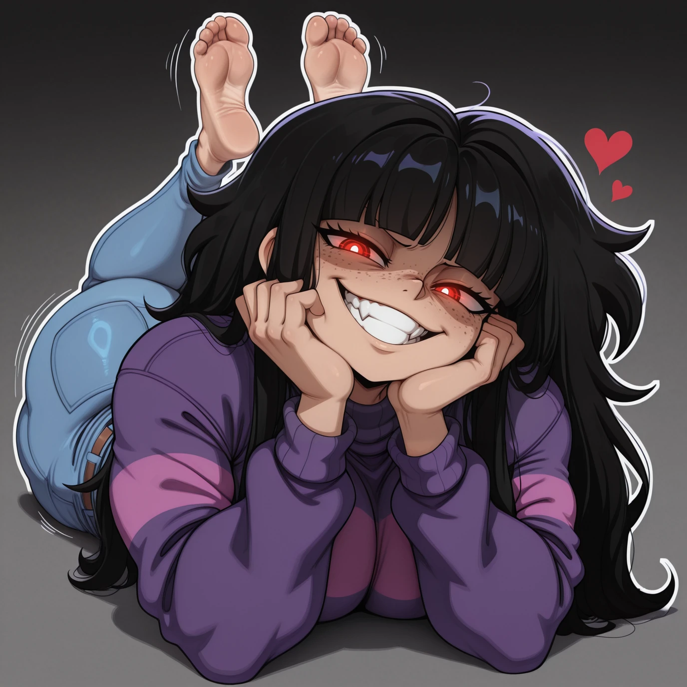 (masterpiece, amazing quality, best quality, absurdres, 8K), <lora:blackwhiplash(bwl)-guy90-Illust-Lycorisv1:1>, blaash, <lora:stuffy_ai_style_illustrious_goofy:0.8>, motion lines, heart,
<lora:SARAH_HENDERSON:1>, SarahHenderson, 1girl, long hair, black hair, messy hair, blunt bangs,
red eyes, white pupils, freckles, smile, (no eyebrows), evil smile, glowing eyes, leaning on hands, leaning on arms,
purple striped sweater, long sleeves, blue jeans, jeans, belt,
(dark background, grey background, gradient background, patterned background, outline, white outline:1.1),
mature, mature female, aged up, on stomach, feet up,