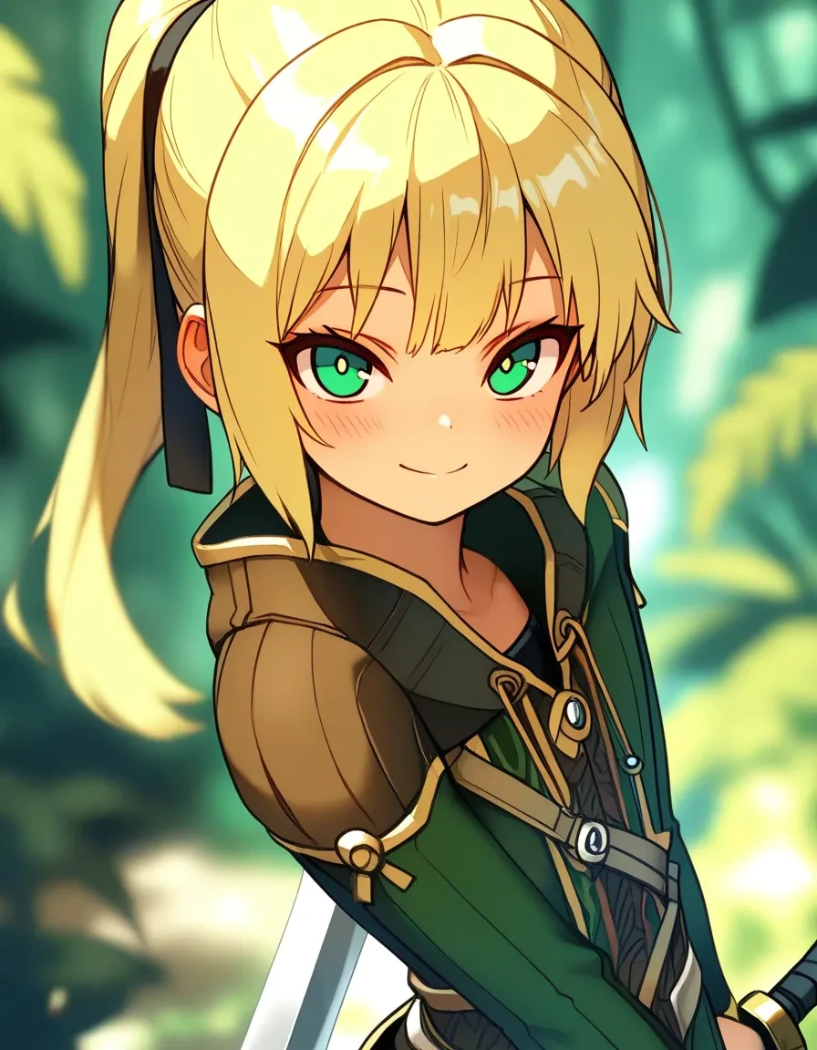 masterpiece,best quality,very aesthetic,highres,
<lora:FSRGG_ilv2-000010:1>,fsr0ug,blonde hair,green eyes,1boy,blush,smile,looking at viewer,ponytail,blurry,blurry background,depth of field,jungle,motion blur,solo,sword,