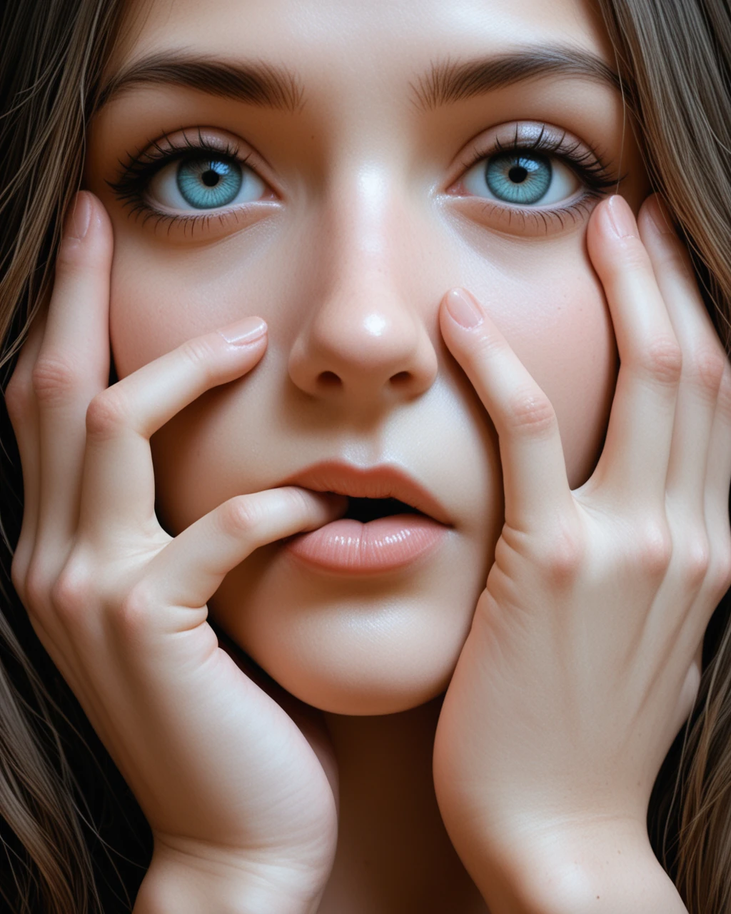 girl close portrait, hand over eye, hand covering eye, hand over mouth, finger in mouth, detailed hands, beautiful hands, detailed lips,