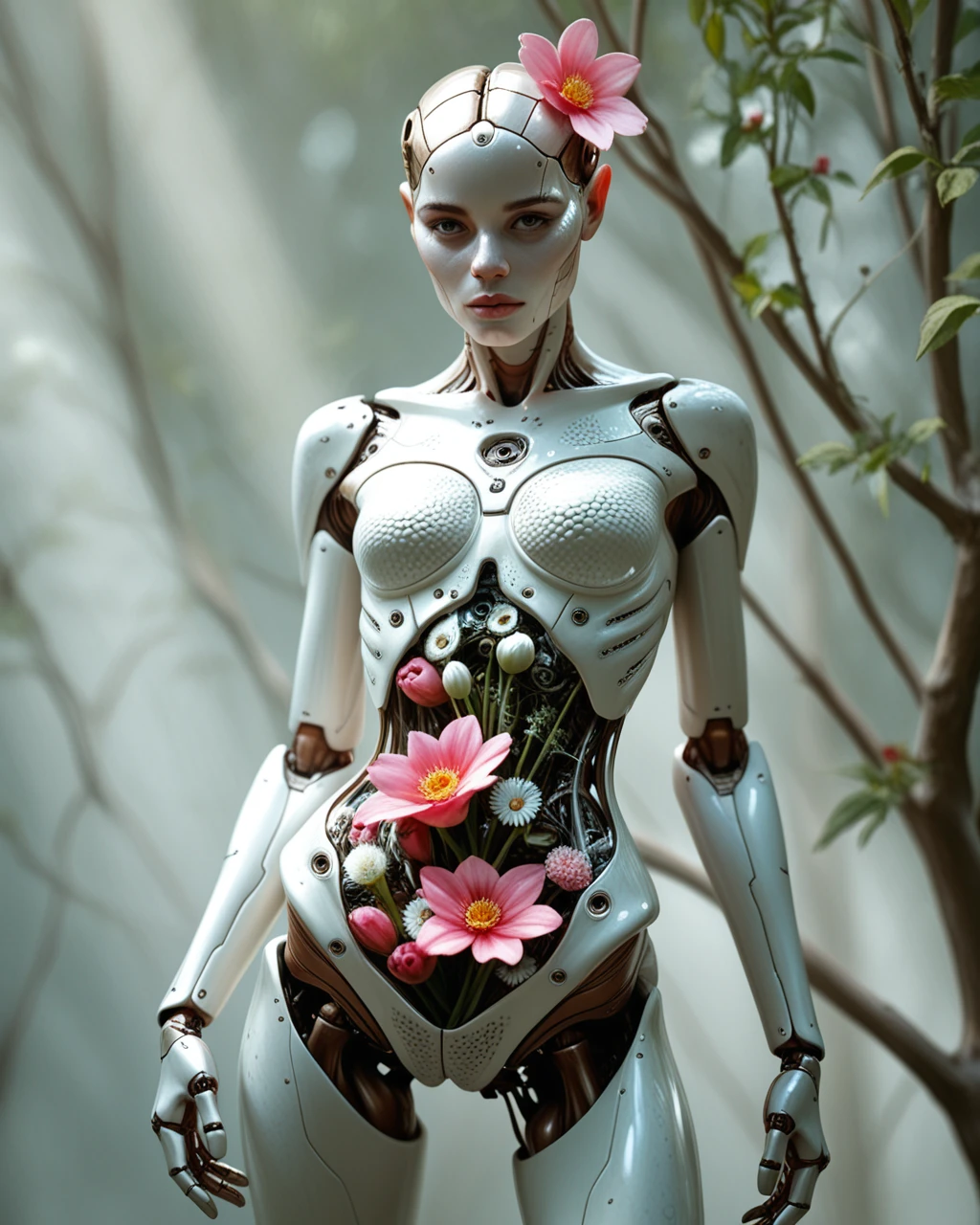 female cyborg, woman, white plastic body, crackles, flowers inside body, detailed background, body openings, wild nature, little flowers, smooth glass head, cowboy shot, hyperrealistic, high resolution, ultradetailed, best quality, masterpiece, natural light, light diffusion, realistic textures, material depth, absolute realism