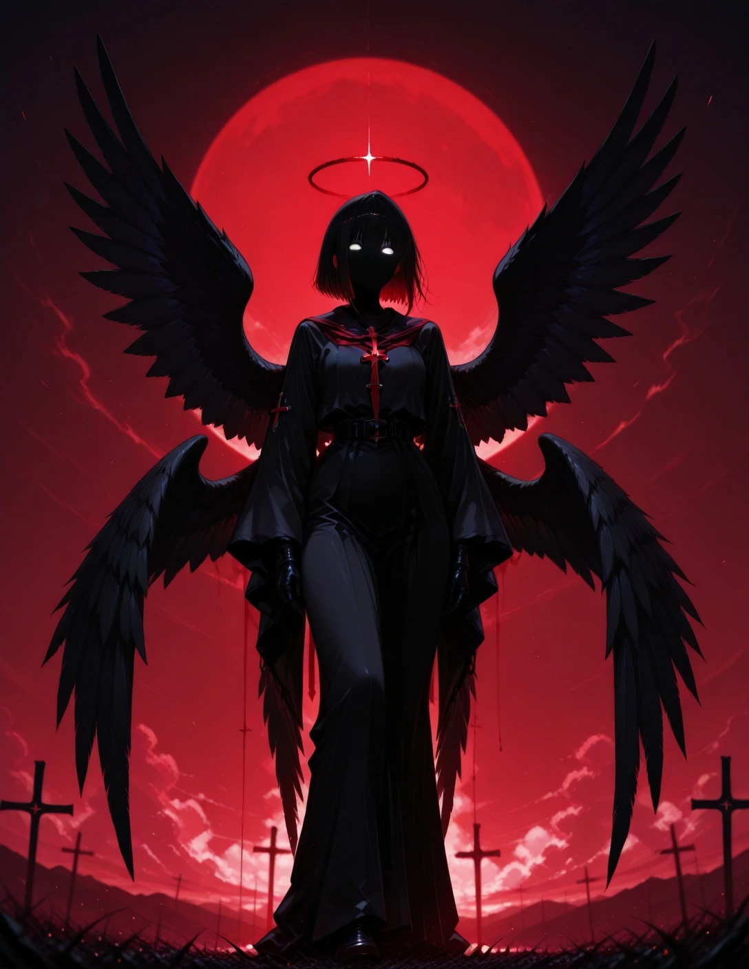 (masterpiece, best quality), amazing quality, very aesthetic, 4k, 8k, 16k, 32k, nano details, (absurdres), large variant set, extremely_beautiful, sharp_detailed, sharp_focus, detailed anatomy, correct anatomy, perfect anatomy, extremely detailed hair, ambient occlusion, highres, 1girl, wings, halo, red theme, red sky, multiple wings, glowing, solo, feathered wings, glowing eyes, (no face:1.1), short hair, looking at viewer, sky, cross, angel, cloud, blood, red background, black wings, black hair, floating, full body, outdoors, (white eyes), detailed, depth of field, (nakamura_regura:0.40), (ningen mame:0.40), (laserflip:0.40), (shpo:0.45), (k-suwabe:0.8), dark theme, <lora:问_ズ_问_尺_闩:1.0000000000000002> <lora:PHM_style_IL_v4.1:0.6000000000000001> <lora:dkdraven_v9:0.6500000000000001>