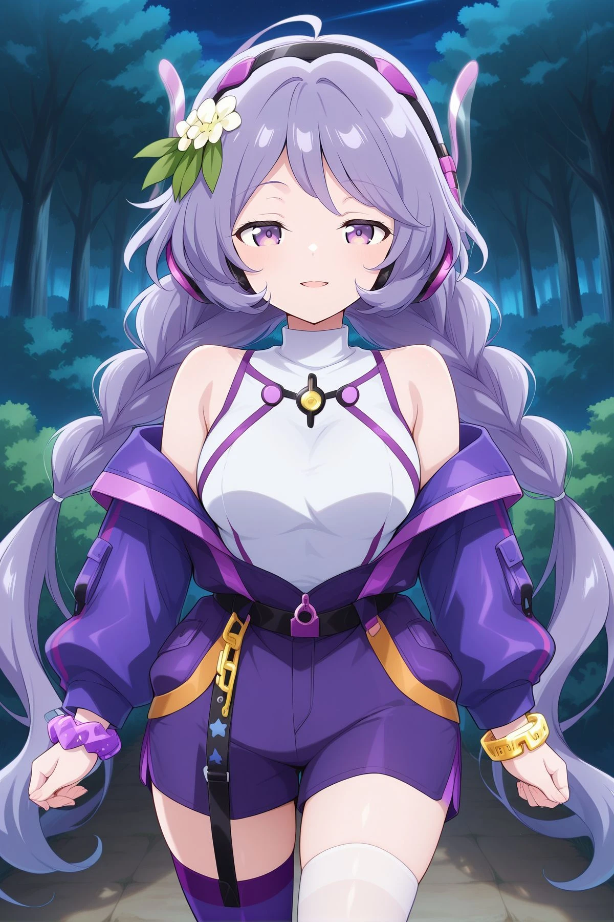 absurdres, highres, masterpiece, best quality, amazing quality, official anime artwork, screencap, anime screencap, outdoors, looking at viewer, light smile, dynamic pose,
<lora:Tsukumo-Benben_Illustrious:1> tsukumo benben, 1girl, solo, purple eyes, purple hair, very long hair, braid, twin braids,, alternate costume, alternate hairstyle, headphones, helmet, hair flower, hair ornament, open jacket, purple jacket, long sleeves, bare shoulders, white shirt, turtleneck, purple shorts, asymmetrical legwear, mismatched legwear, purple boots, purple thighhighs, white thighhighs, chain, star (symbol), crescent, wrist scrunchie, purple scrunchie,
open mouth,