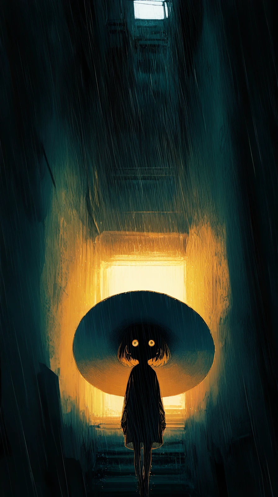 masterpiece, detailed_eyes, high_quality, best_quality, highres, absurdres, 8k, Jedst1, a mysterious swordsman under a wide-brimmed hat, in a rainy alley echoing with distant footsteps, with sketch-like lines and hatching, under backlit silhouette with rim highlights, creating a dreamlike and surreal atmosphere ,<lora:Jedst1-000004:1>
