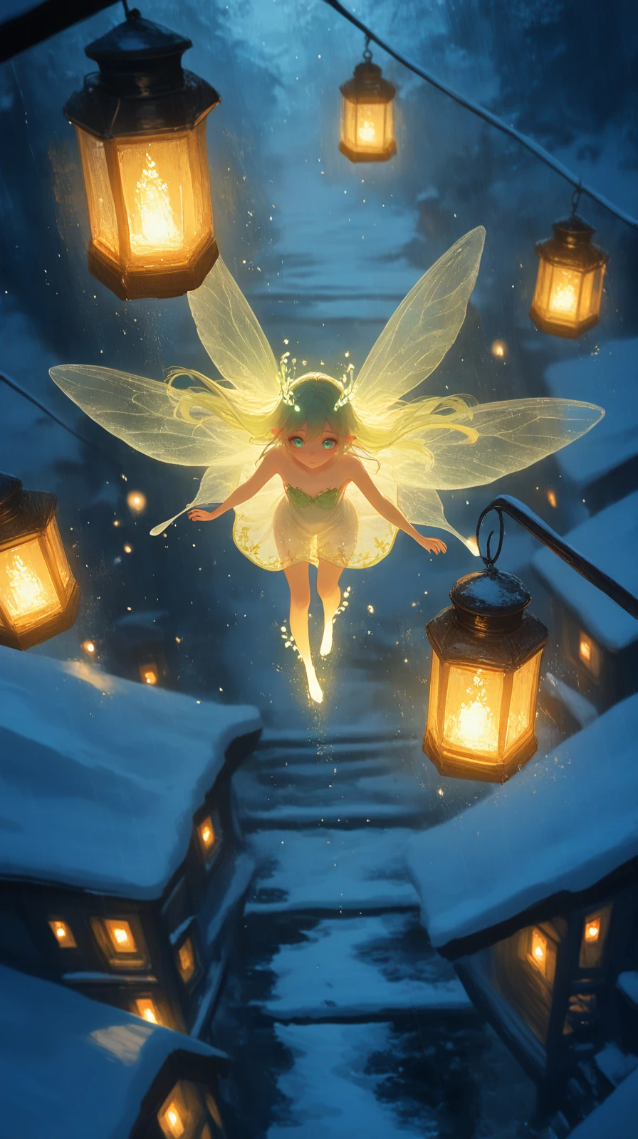 masterpiece, detailed_eyes, high_quality, best_quality, highres, absurdres, 8k, Jedst1, an ethereal fairy with translucent wings, in a snowy village glowing with lanterns, with oil painting texture, under cold fluorescent lighting from above, creating a mysterious and enigmatic atmosphere ,<lora:Jedst1-000004:1>