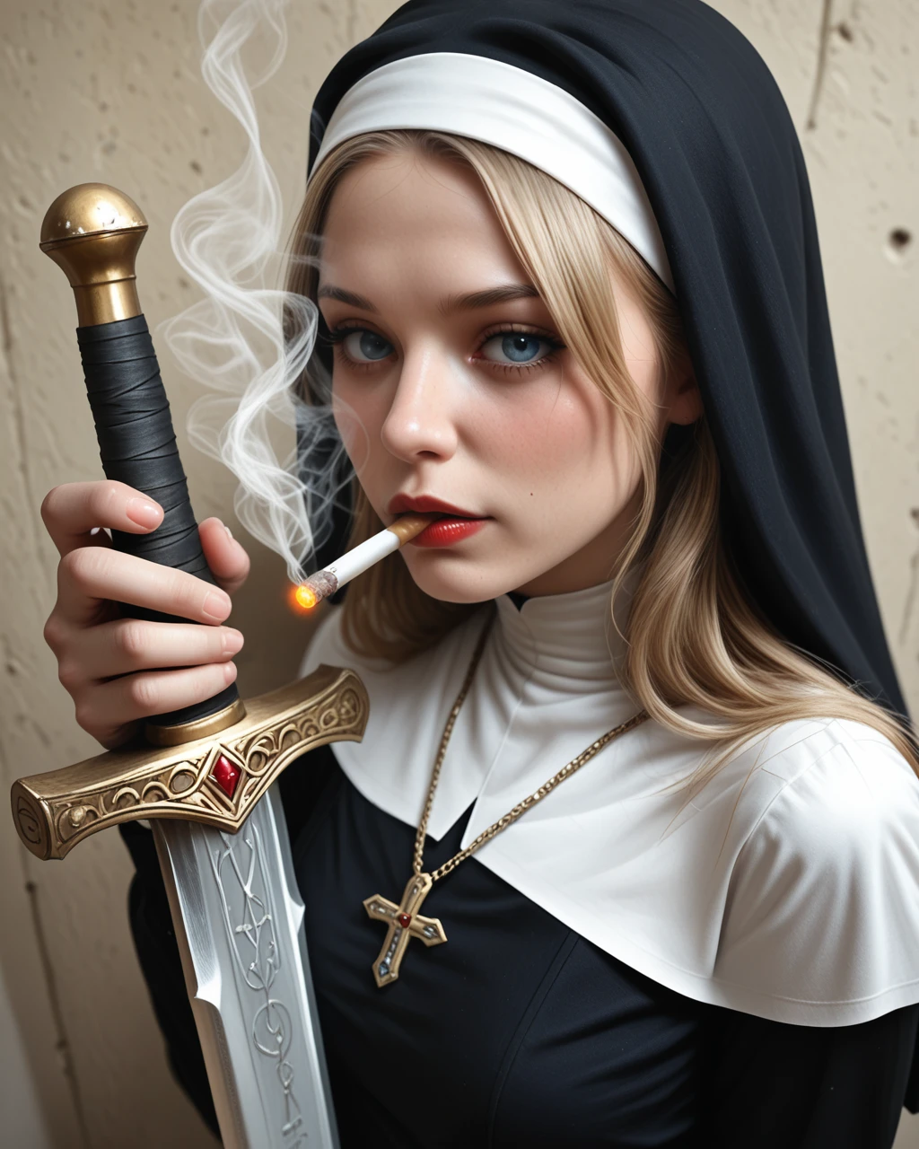 A sensually rebellious nun, her forbidden allure highlighted by her traditionally modest habit. Holding a gleaming longsword with a confident grip, her face fills the frame with an intensity that draws in the viewer. This realistic portrait captures every crease and imperfection in her weathered skin, heavily shadowed to add a mysterious depth to her expression. The cigarette held delicately between her lips adds a touch of danger to her otherwise serene visage. Overall, this impeccably detailed image evokes a sense of captivating contradiction and intrigue. Cigarette smoke.