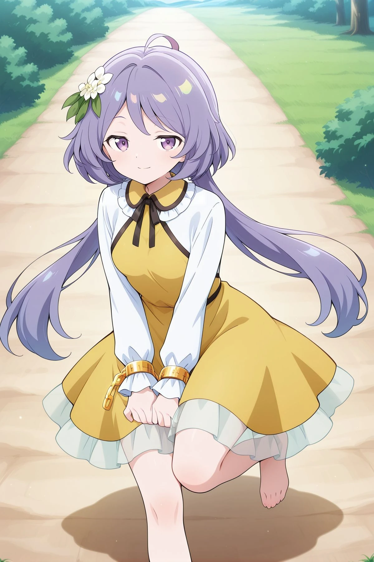 absurdres, highres, masterpiece, best quality, amazing quality, official anime artwork, screencap, anime screencap, outdoors, looking at viewer, dynamic pose, light smile,
<lora:Tsukumo-Benben_Illustrious:1> tsukumo benben, 1girl, solo, purple eyes, purple hair, long hair, twintails, ahoge,, hair flower, white flower, yellow dress, frilled dress, long sleeves, barefoot, chain,
