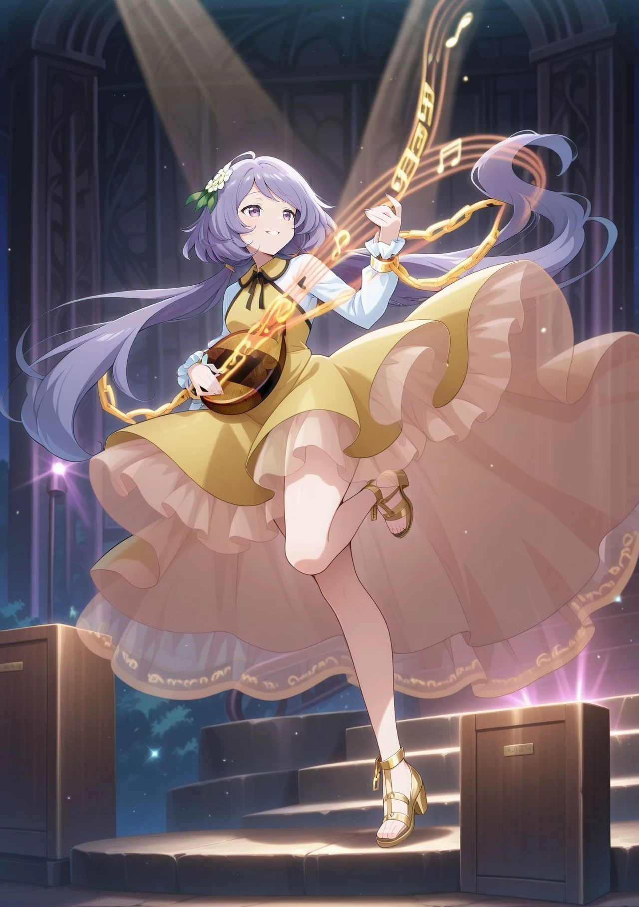 absurdres, highres, masterpiece, best quality, amazing quality, official anime artwork, screencap, anime screencap, night, notes, music, floating hair, parted lips, smile, dynamic pose,
<lora:Tsukumo-Benben_Illustrious:1> tsukumo benben, 1girl, solo, purple eyes, purple hair, long hair, twintails, ahoge,, hair flower, white flower, yellow dress, frilled dress, long sleeves, biwa lute, playing, music, stage,