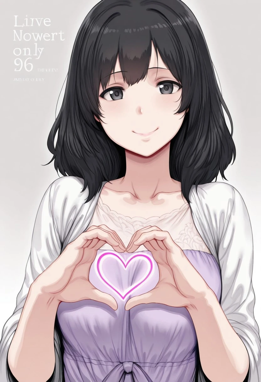 hews,
1girl, solo, medium build, medium hair, sfw, safe for work, covered skin, flowy dress, black eyes, purple lipgloss, smiling, portrait, upper body, doujin cover, heart hands,