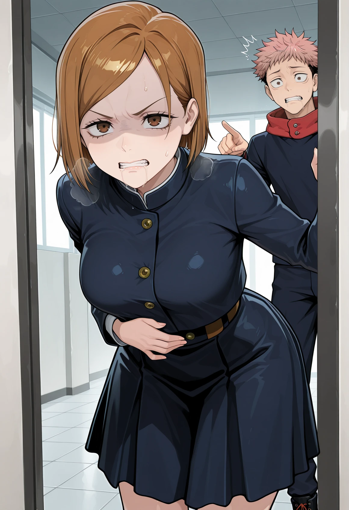 amazing quality,very aesthetic,absurdres,best quality,newest,masterpiece,4k resolution, absurdres, highres, detailed background,
<lora:stomach_ache:0.8>1girl, hand on own stomach, sweat, leaning forward, nervous, <lora:KUGISAKINOBARA_IL2:0.6> 1girl, kugisaki nobara, brown eyes, brown hair, 1boy, itadori yuuji, caught, pointing_at shoulder, drooling, scared, clenched teeth, heavy breathing,